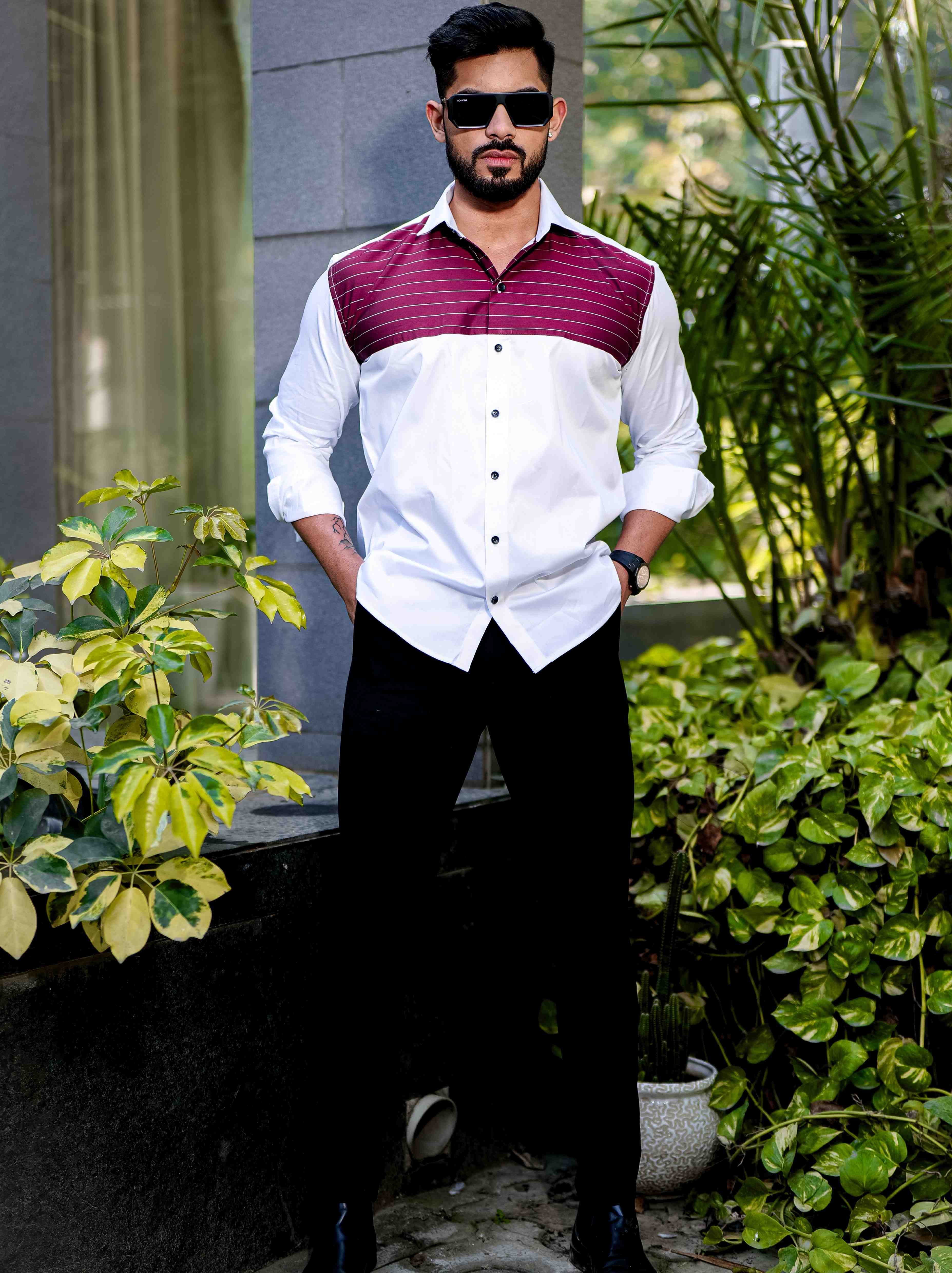 White And Maroon Satin Cotton Cut N Sew Designer Shirt - Image 3