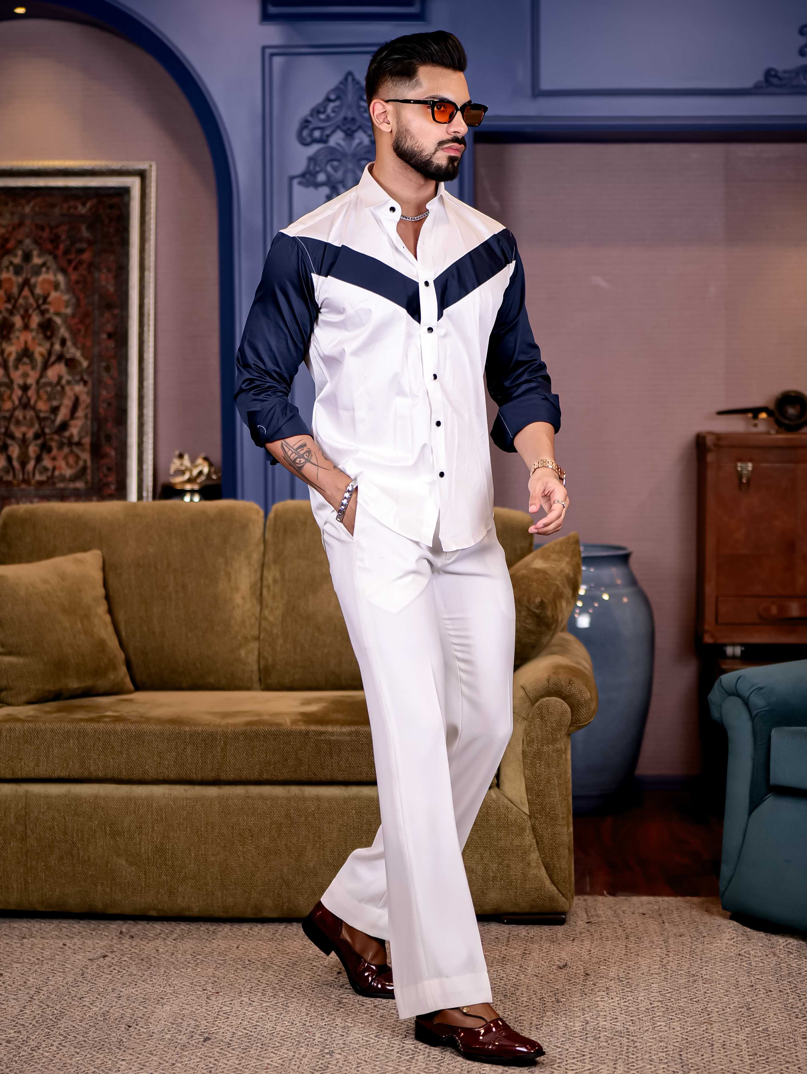White and Navy Cut n sew Premium Cotton Shirt For Men - Image 7