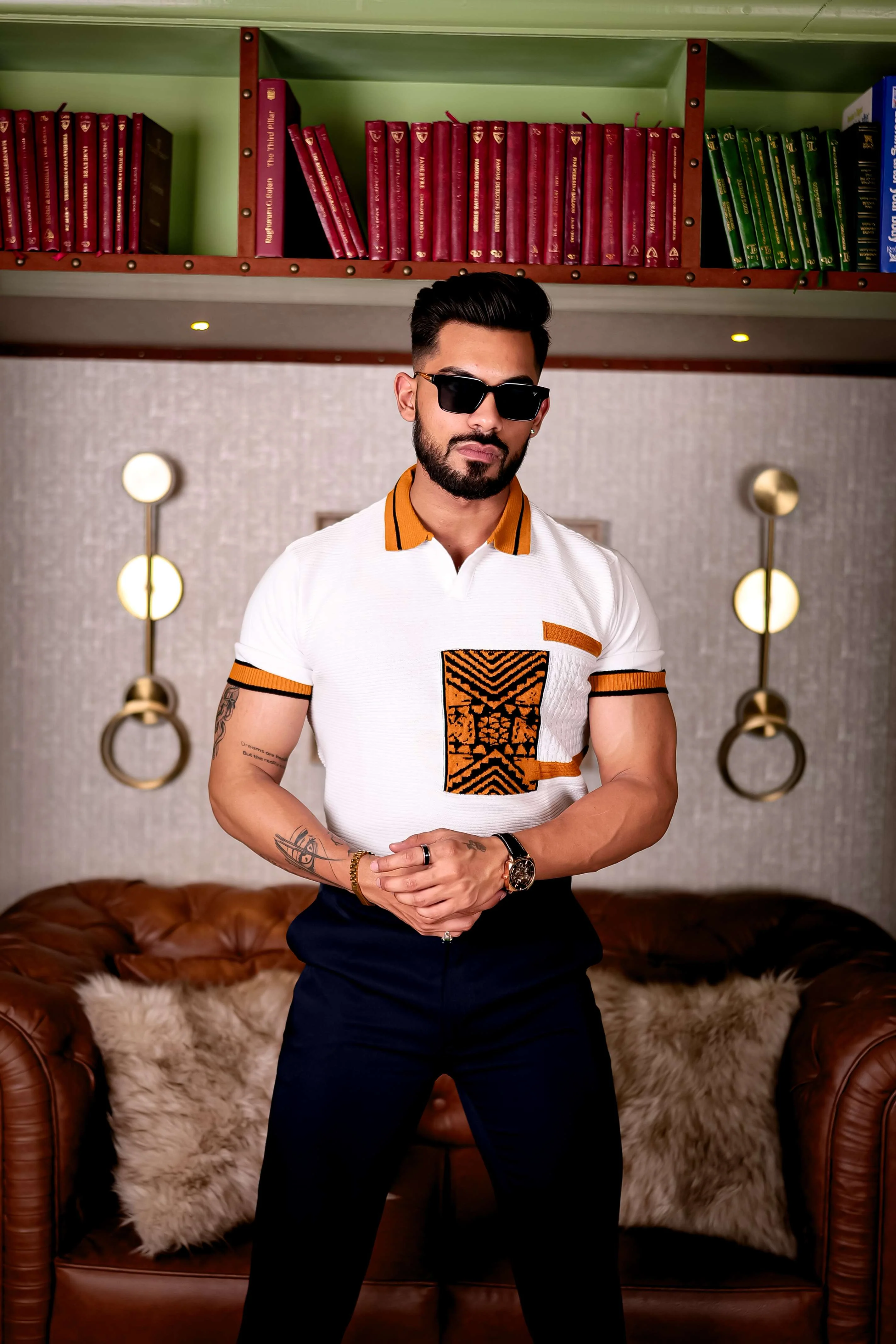 White and Orange Designer Cotton Half Sleeve Premium T Shirt - Image 8