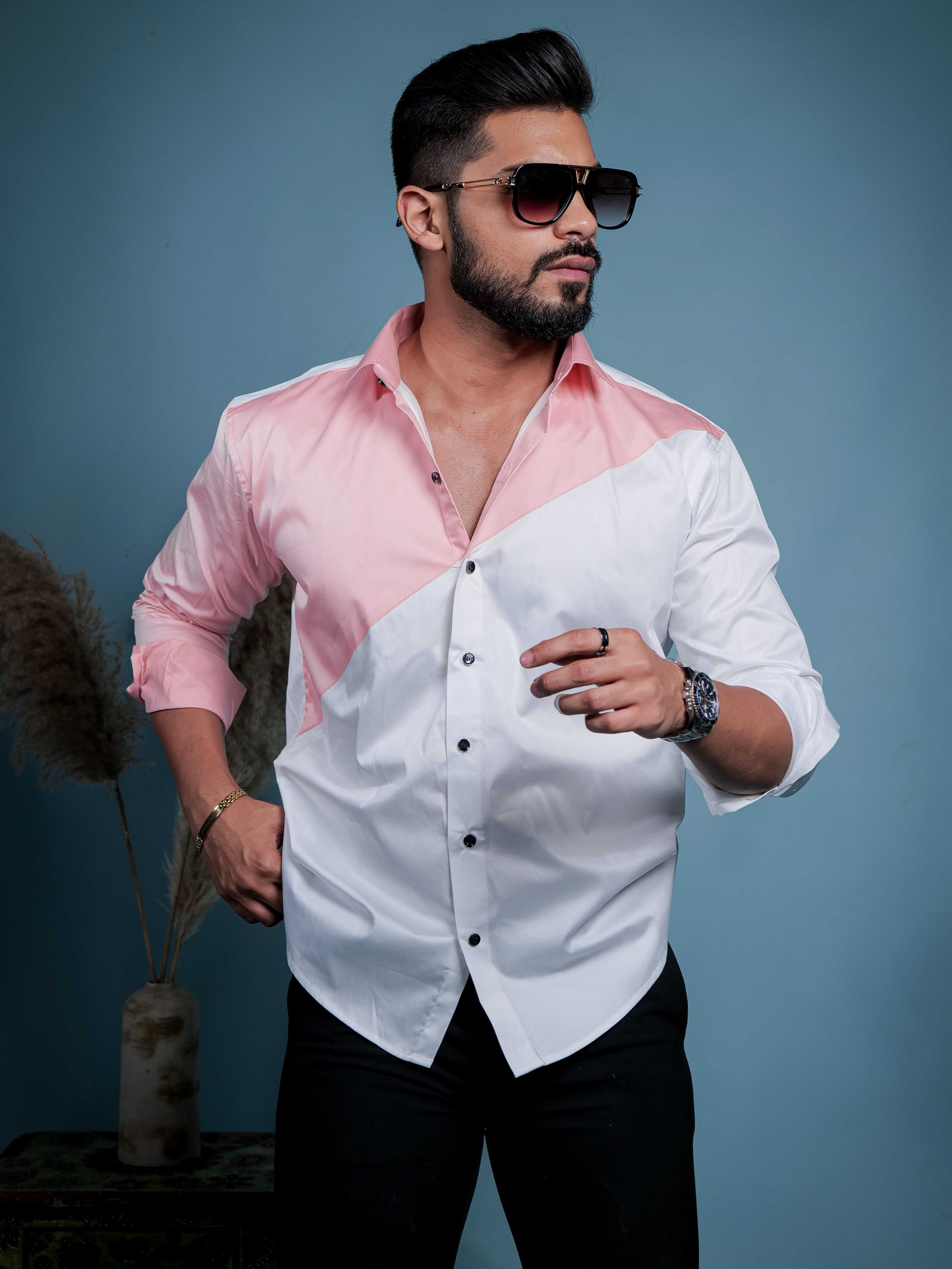 White And Peach Designer Satin Cotton Shirt - Image 4