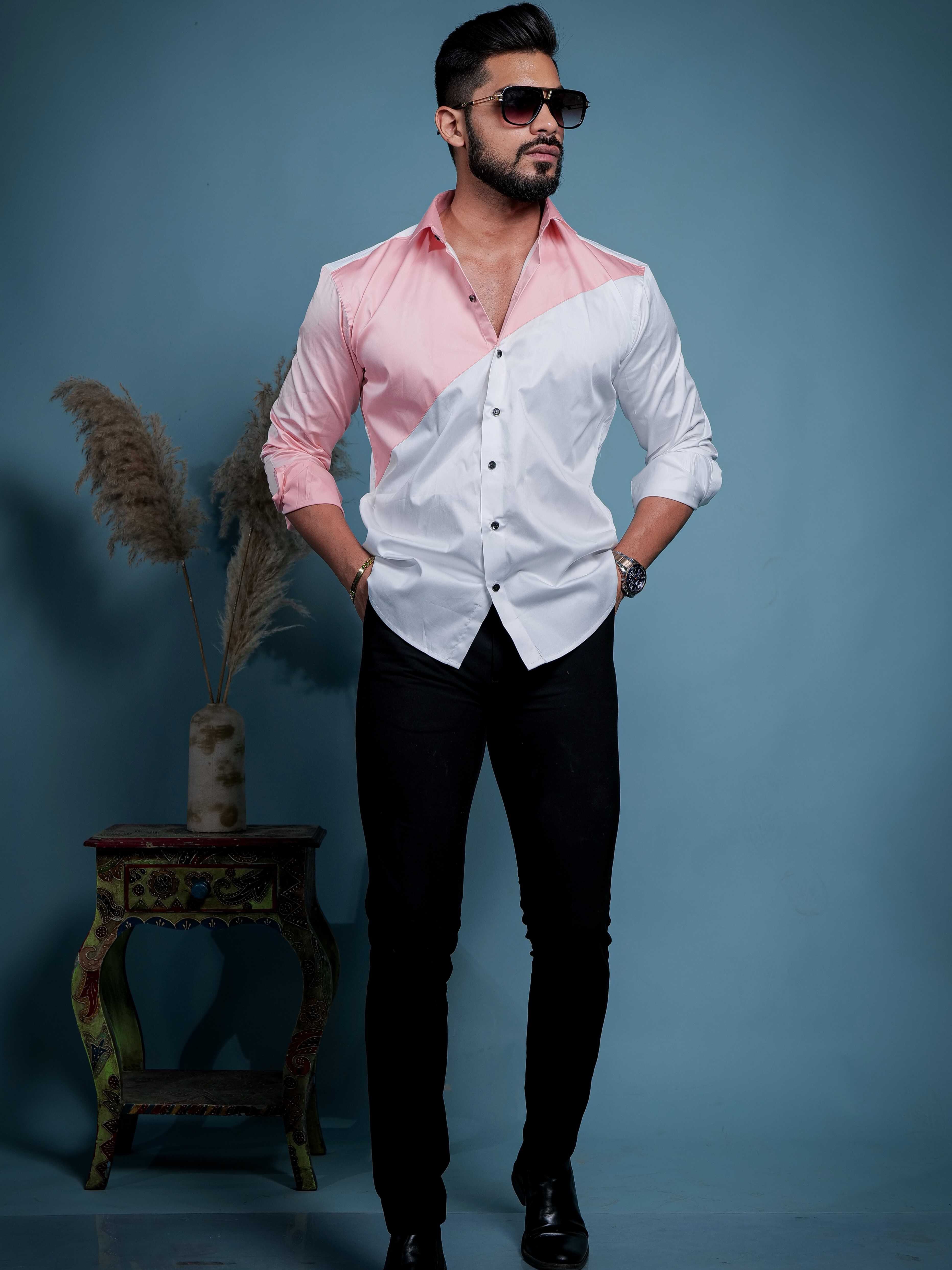 White And Peach Designer Satin Cotton Shirt - Image 5