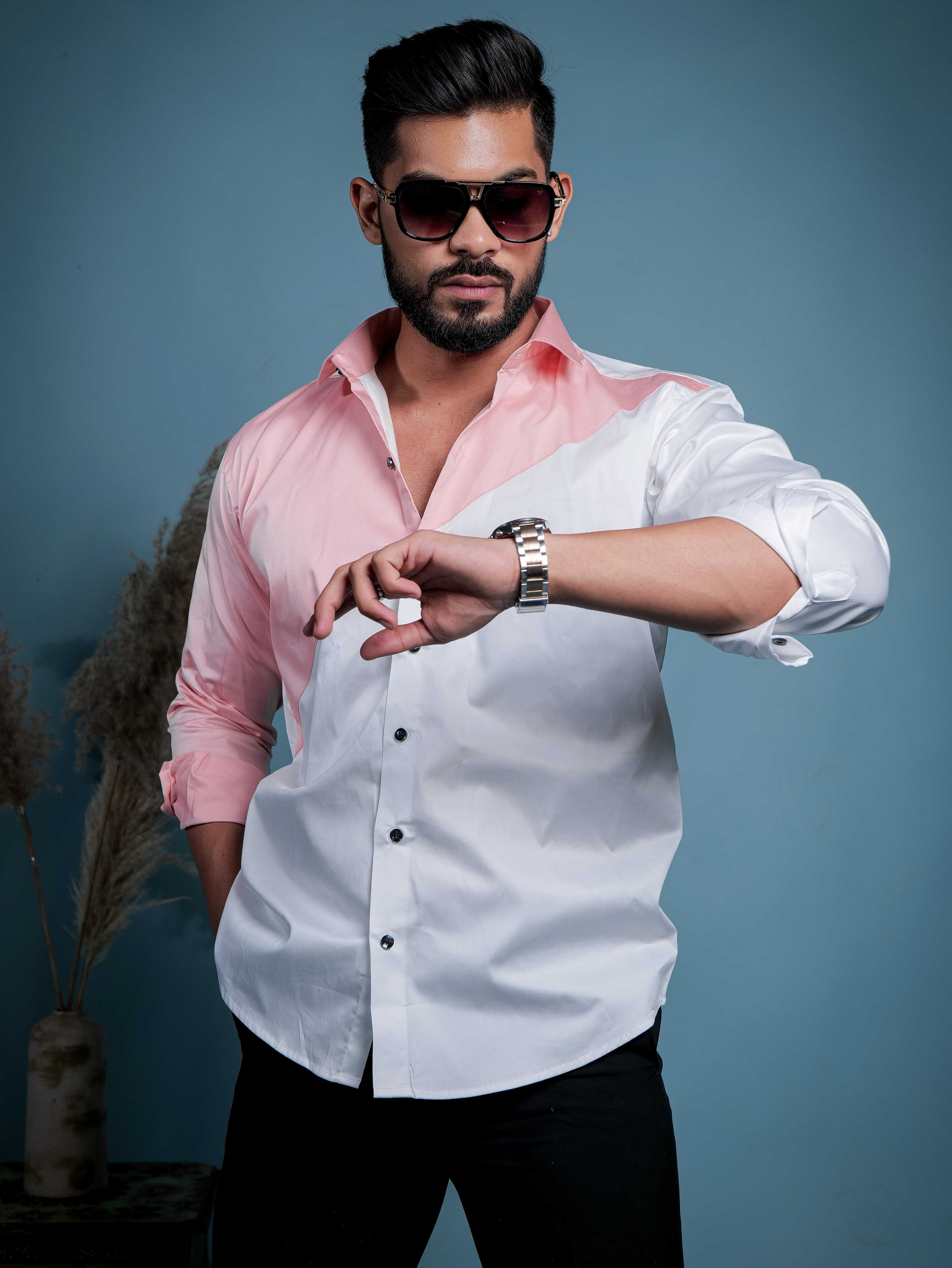 White And Peach Designer Satin Cotton Shirt - Image 7