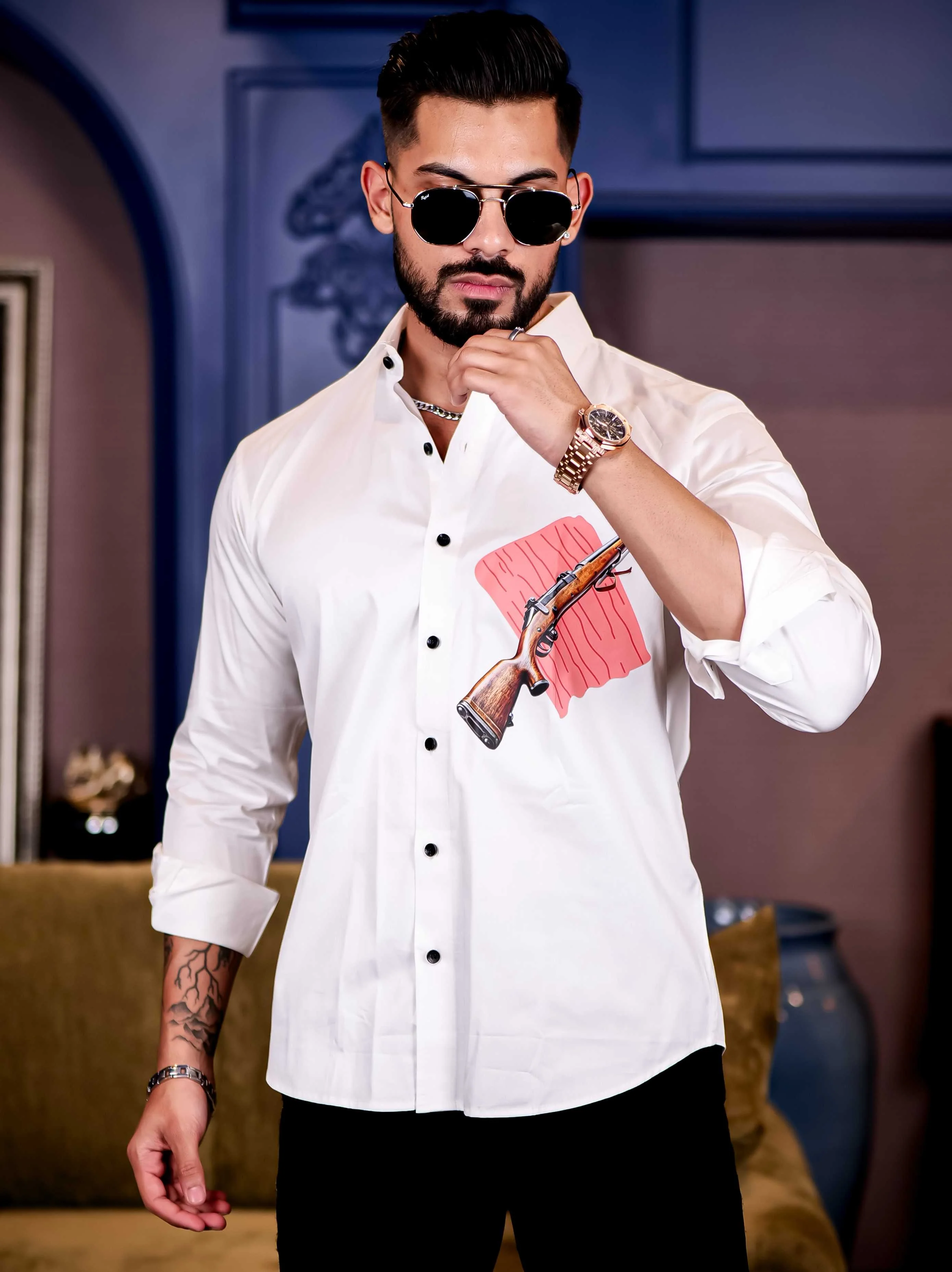 White Club Wear AWM Gun Printed Satin Cotton Shirt - Image 3