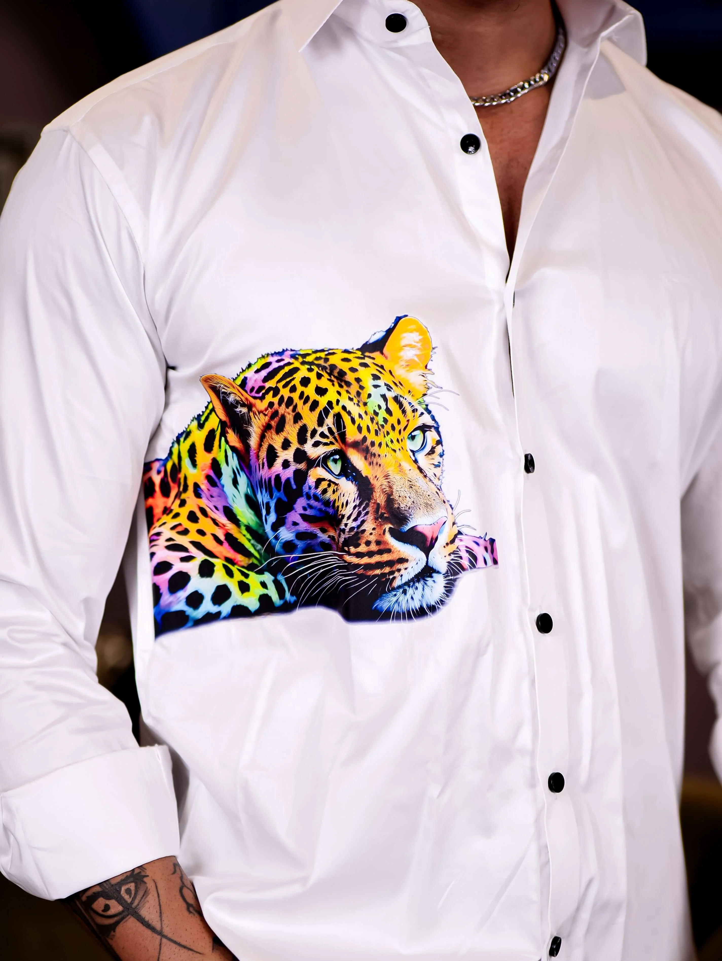 White Club Wear Cheetah Printed Satin Cotton Shirt - Image 2