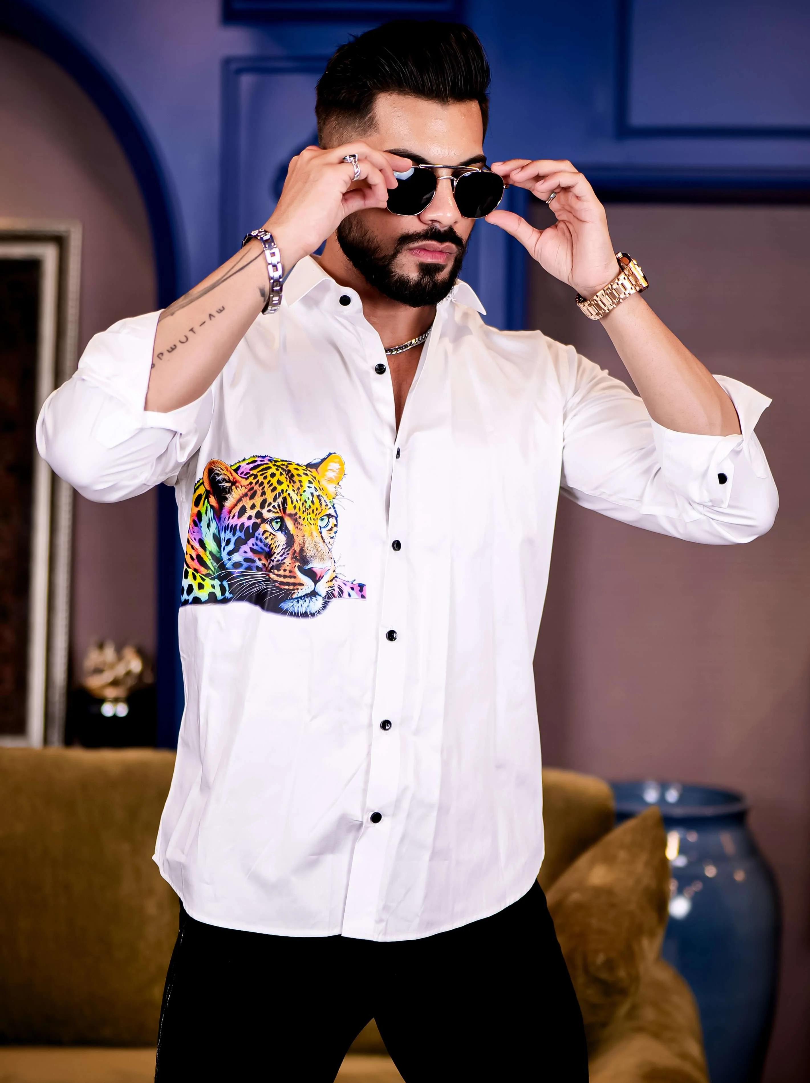 White Club Wear Cheetah Printed Satin Cotton Shirt - Image 5