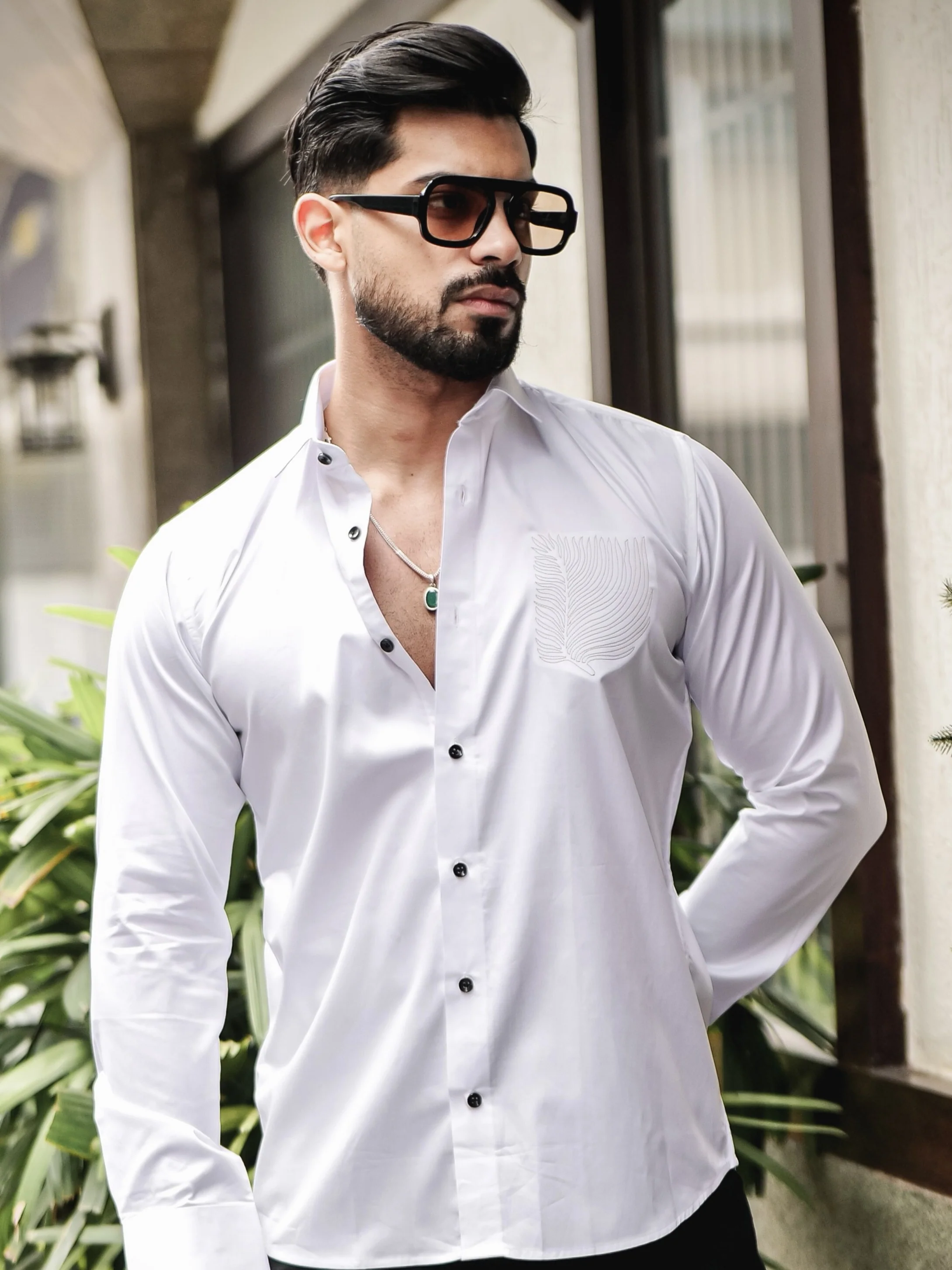 WHITE EMBROIDERED DESIGNER SATIN COTTON SHIRT FOR MEN'S
