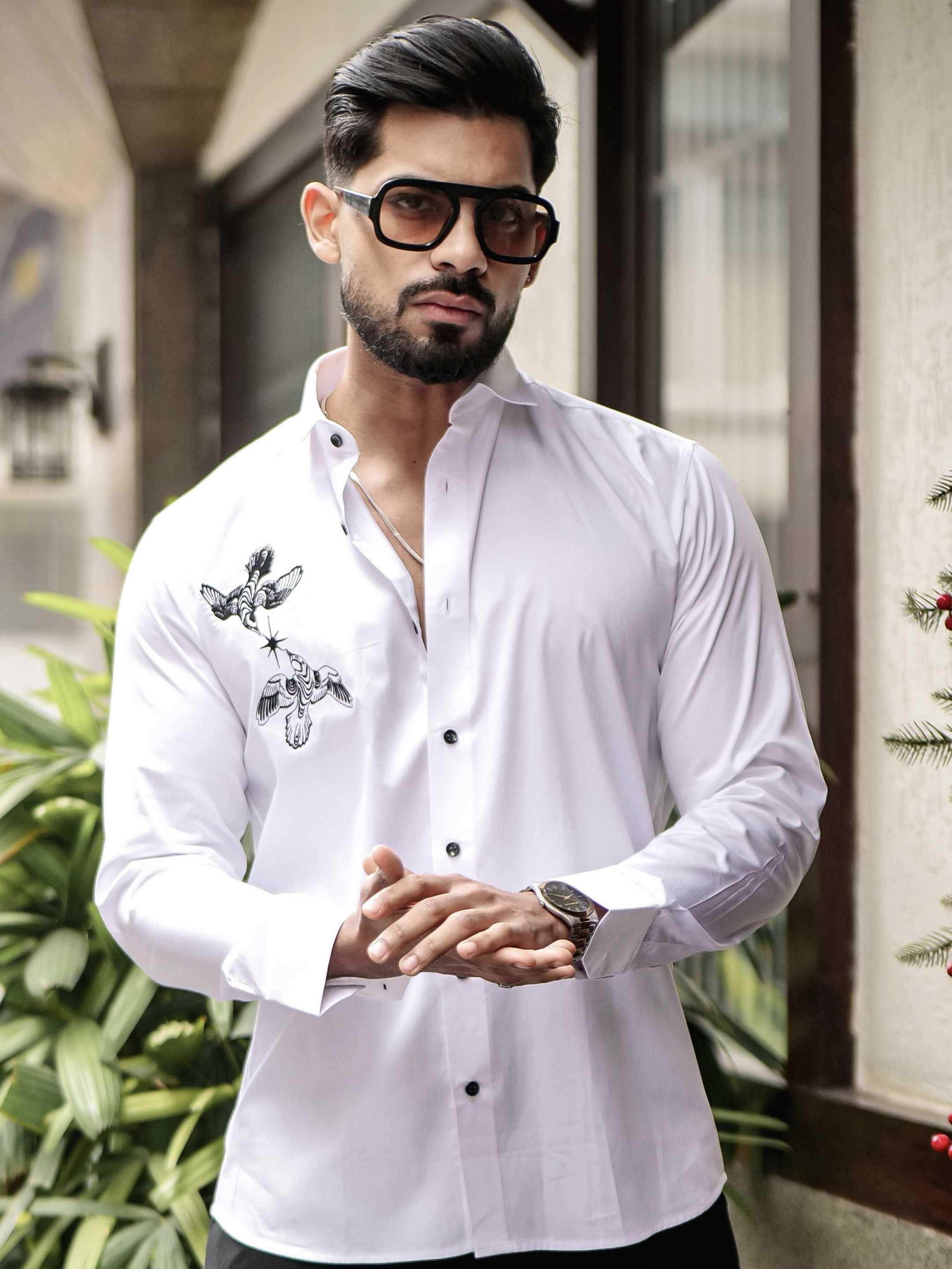 WHITE CLUB WEAR EMBROIDERY SATIN COTTON SHIRT