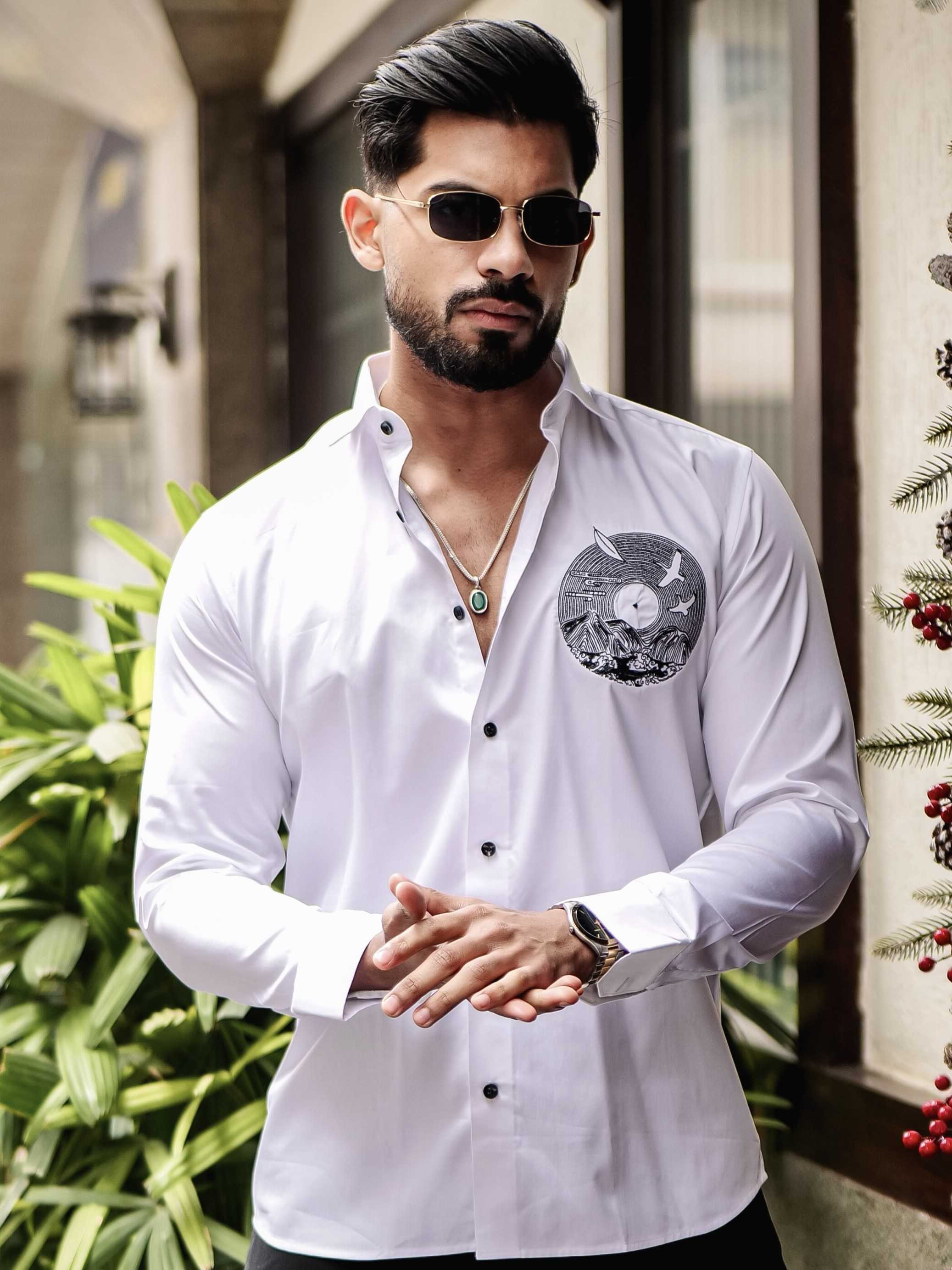 WHITE CLUB WEAR EMBROIDERY SATIN COTTON SHIRT