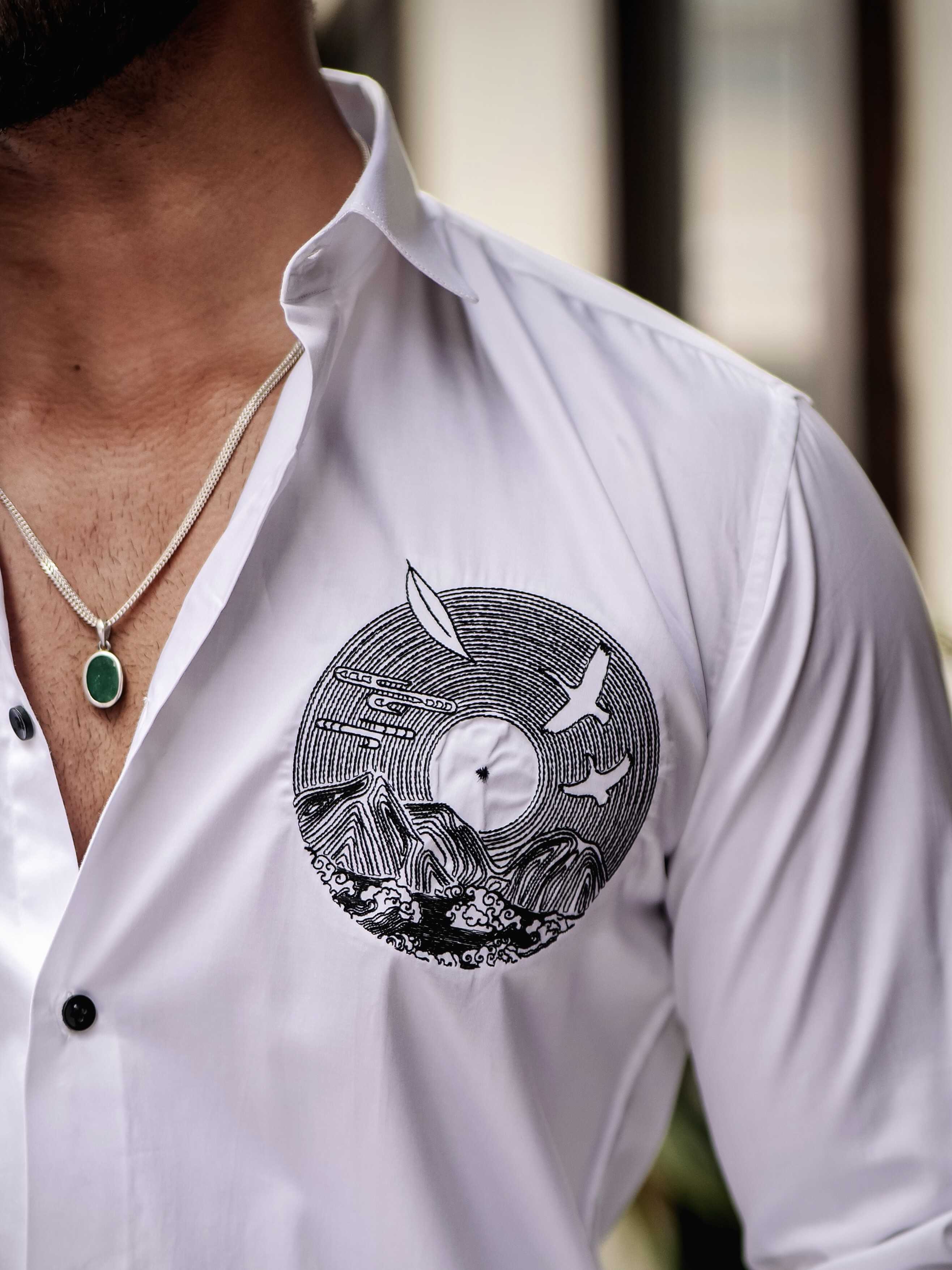 WHITE CLUB WEAR EMBROIDERY SATIN COTTON SHIRT - Image 2