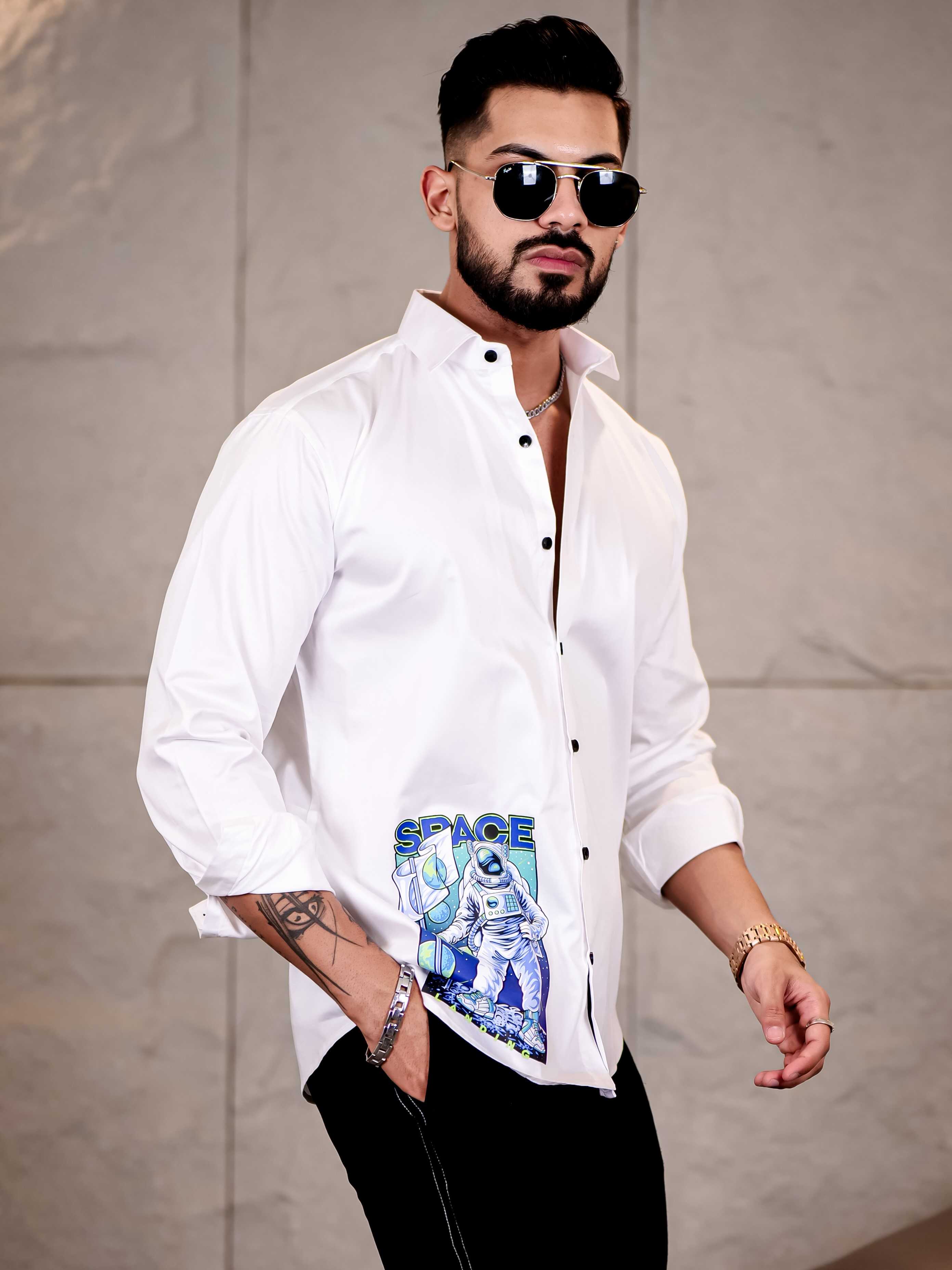 White Club Wear Landing on Space Printed Satin Cotton Shirt - Image 3