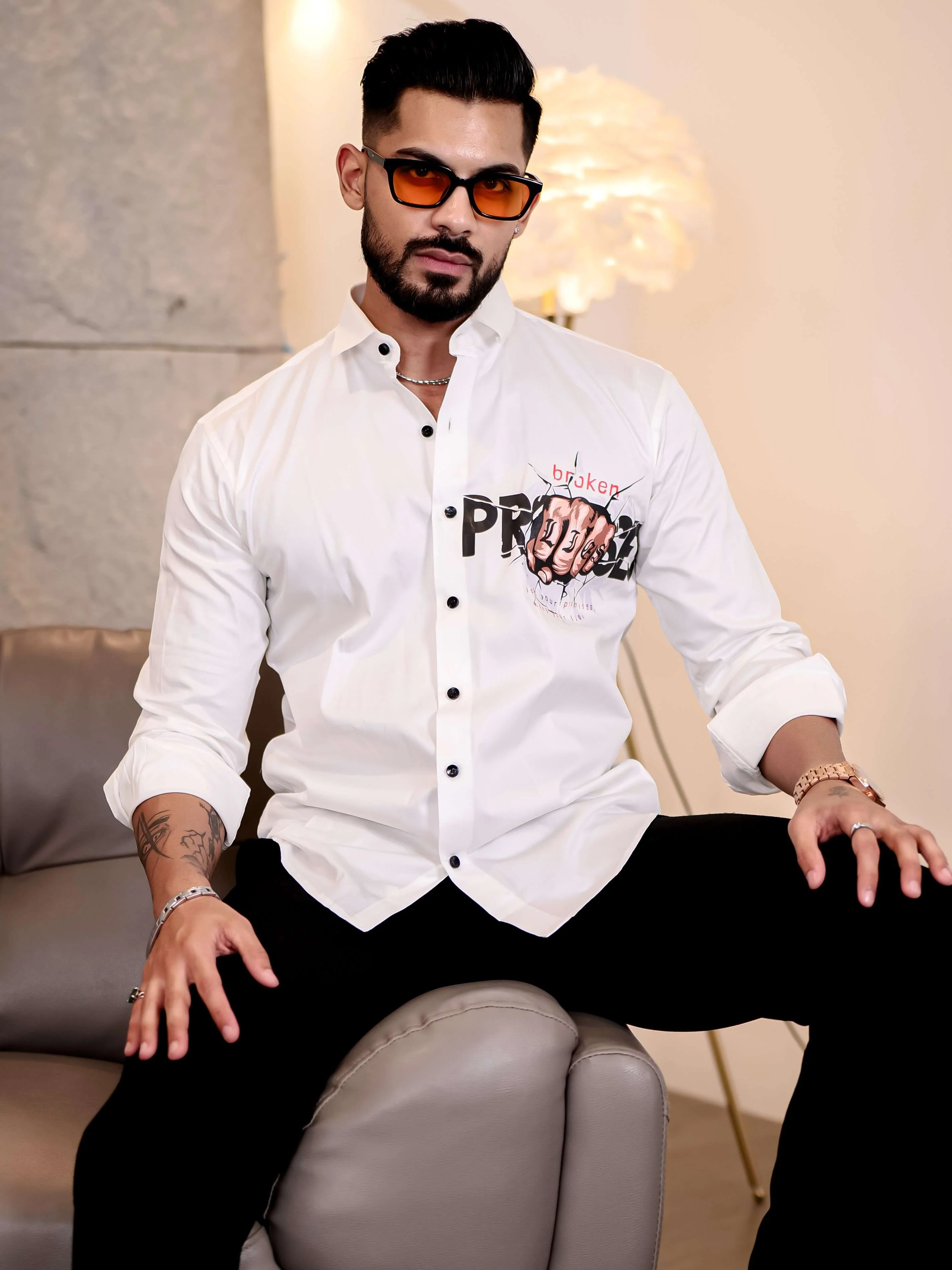 White Club Wear Lie Broken Printed Satin Cotton Shirt - Image 4