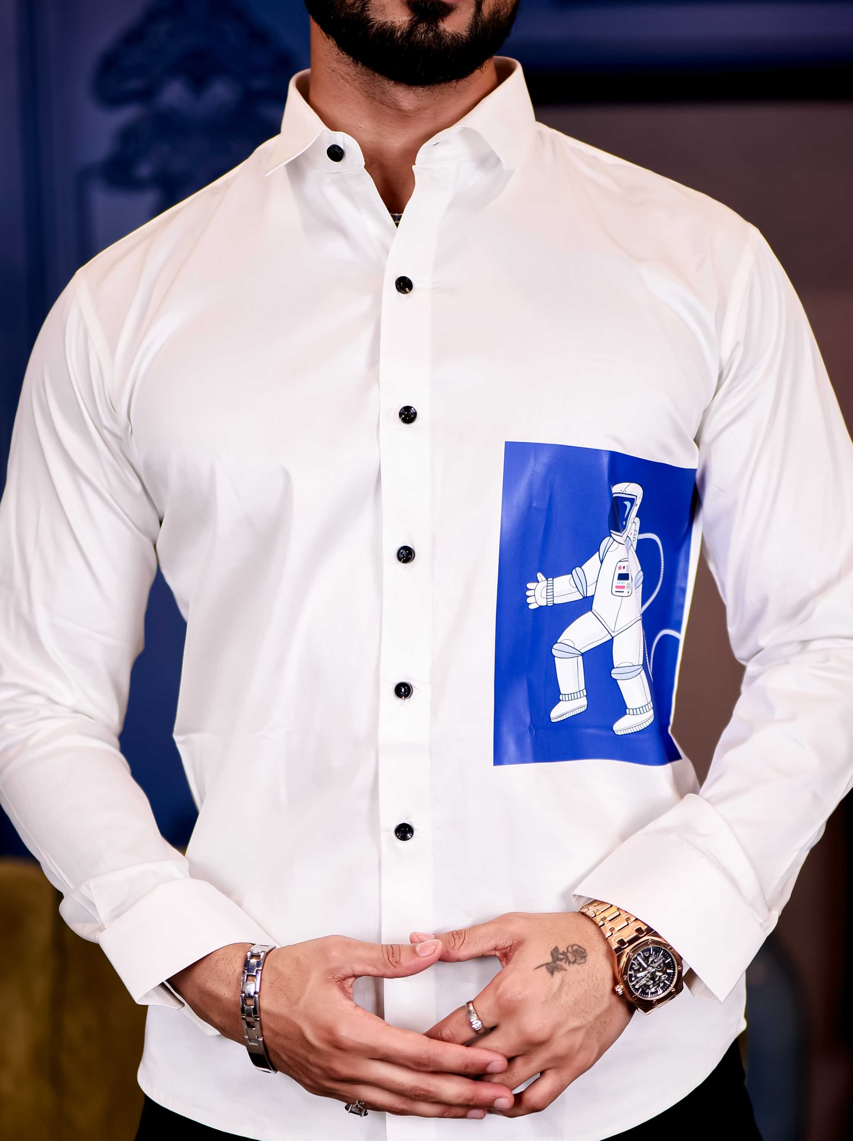 White Club Wear Milky Space Printed Satin Cotton Shirt - Image 6