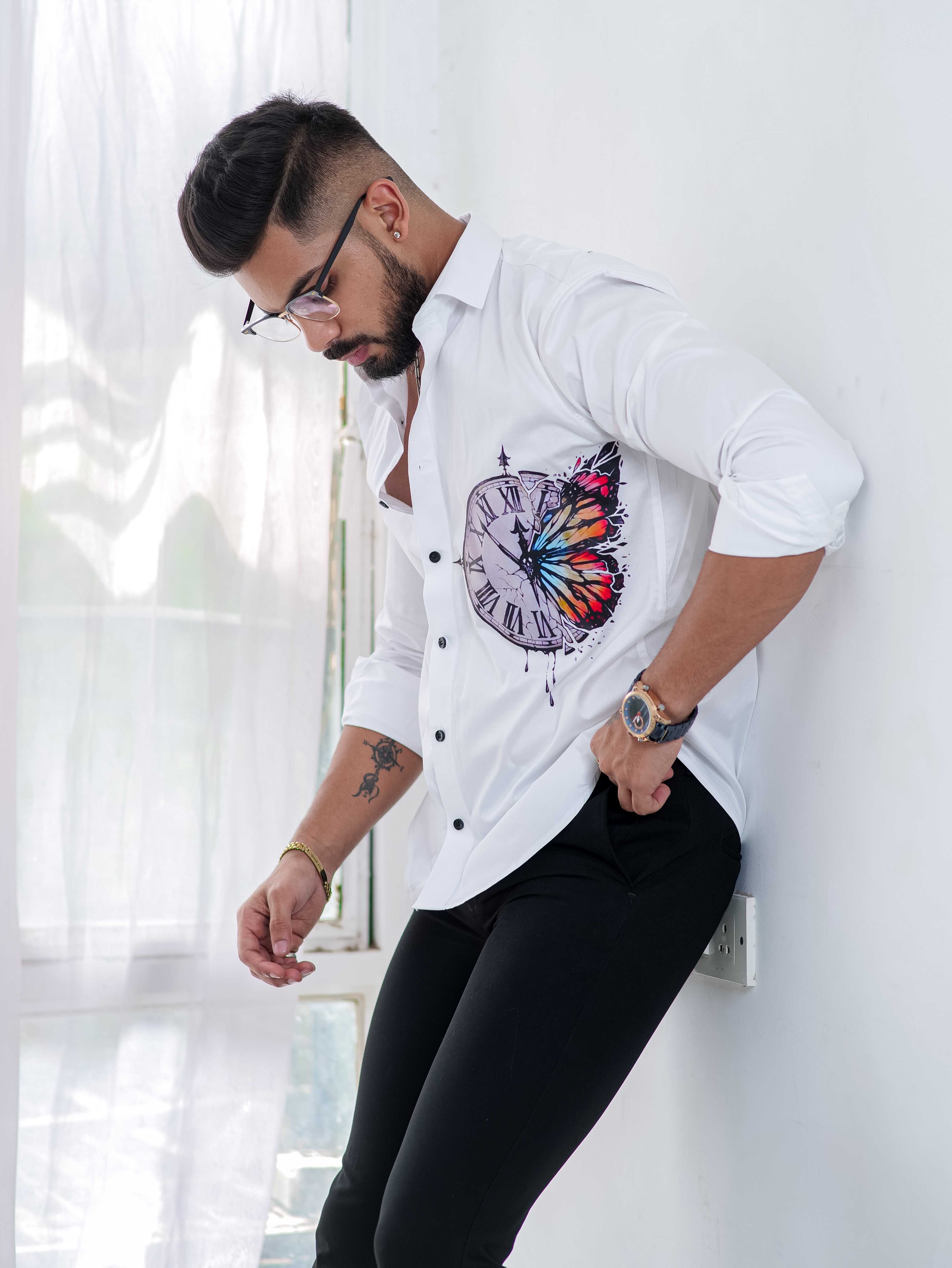 White Club Wear Printed Satin Cotton Shirt - Image 4