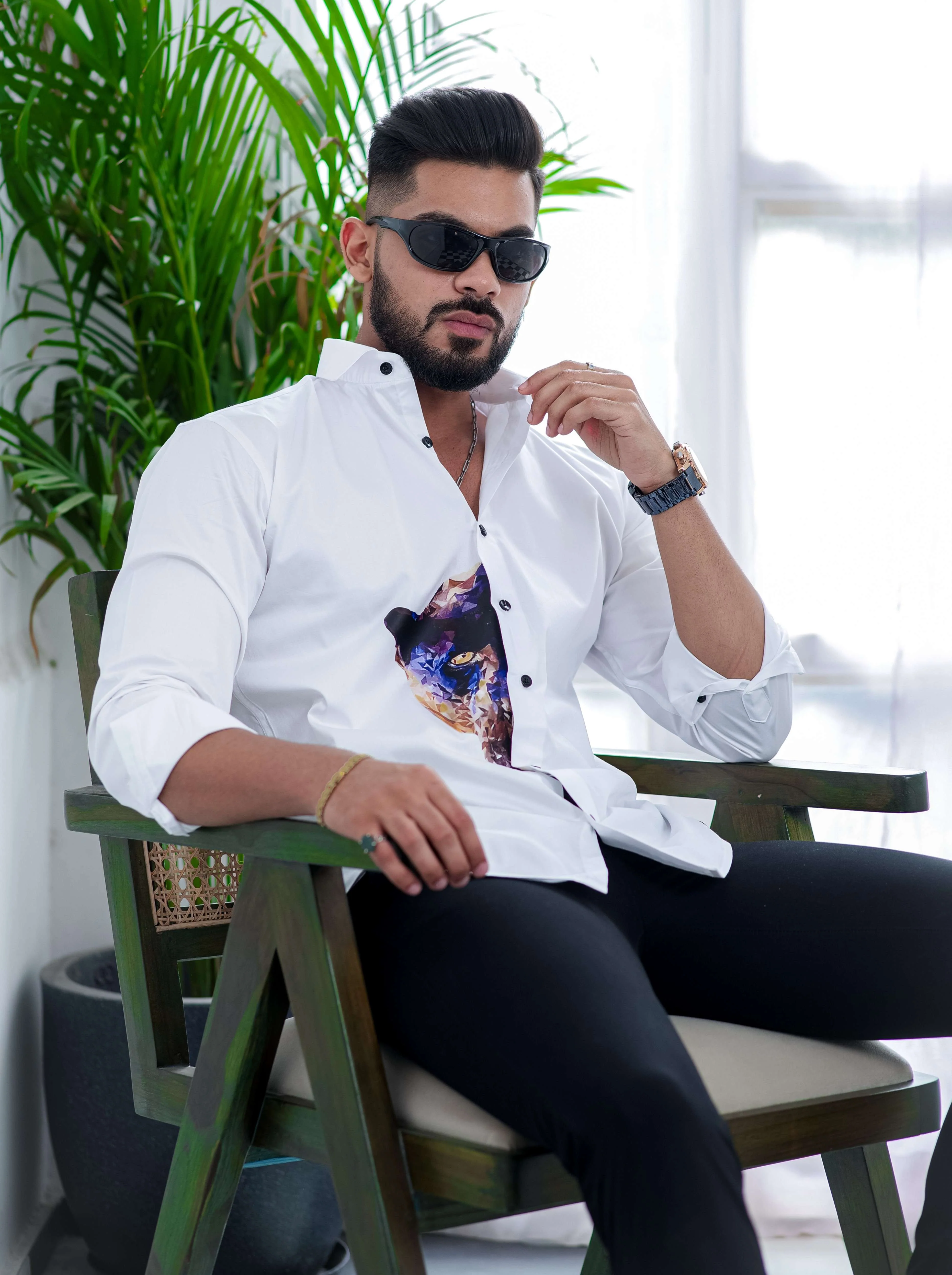 White Club Wear Printed Satin Cotton Shirt - Image 5