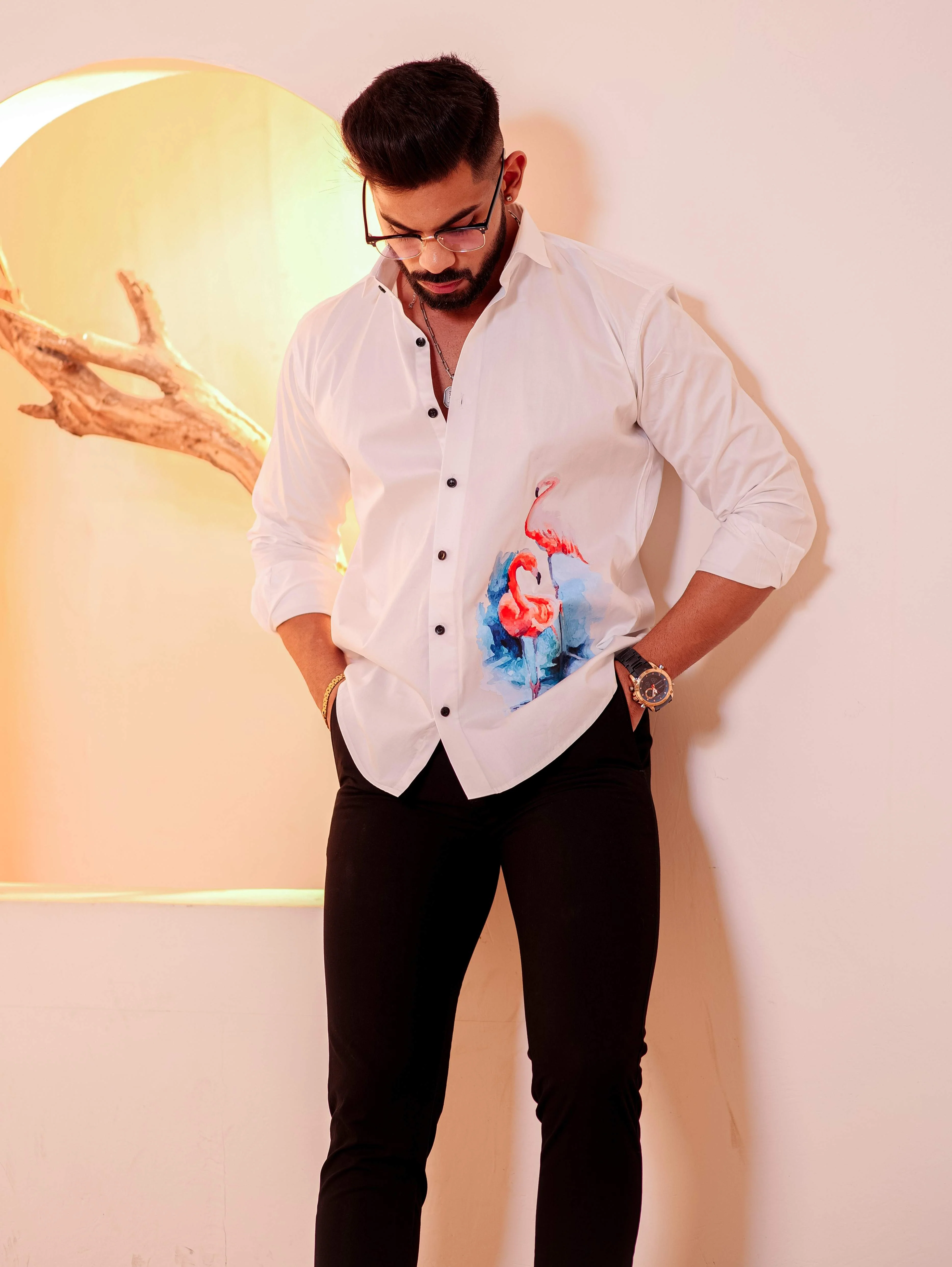 White Club Wear Printed Satin Cotton Shirt - Image 4