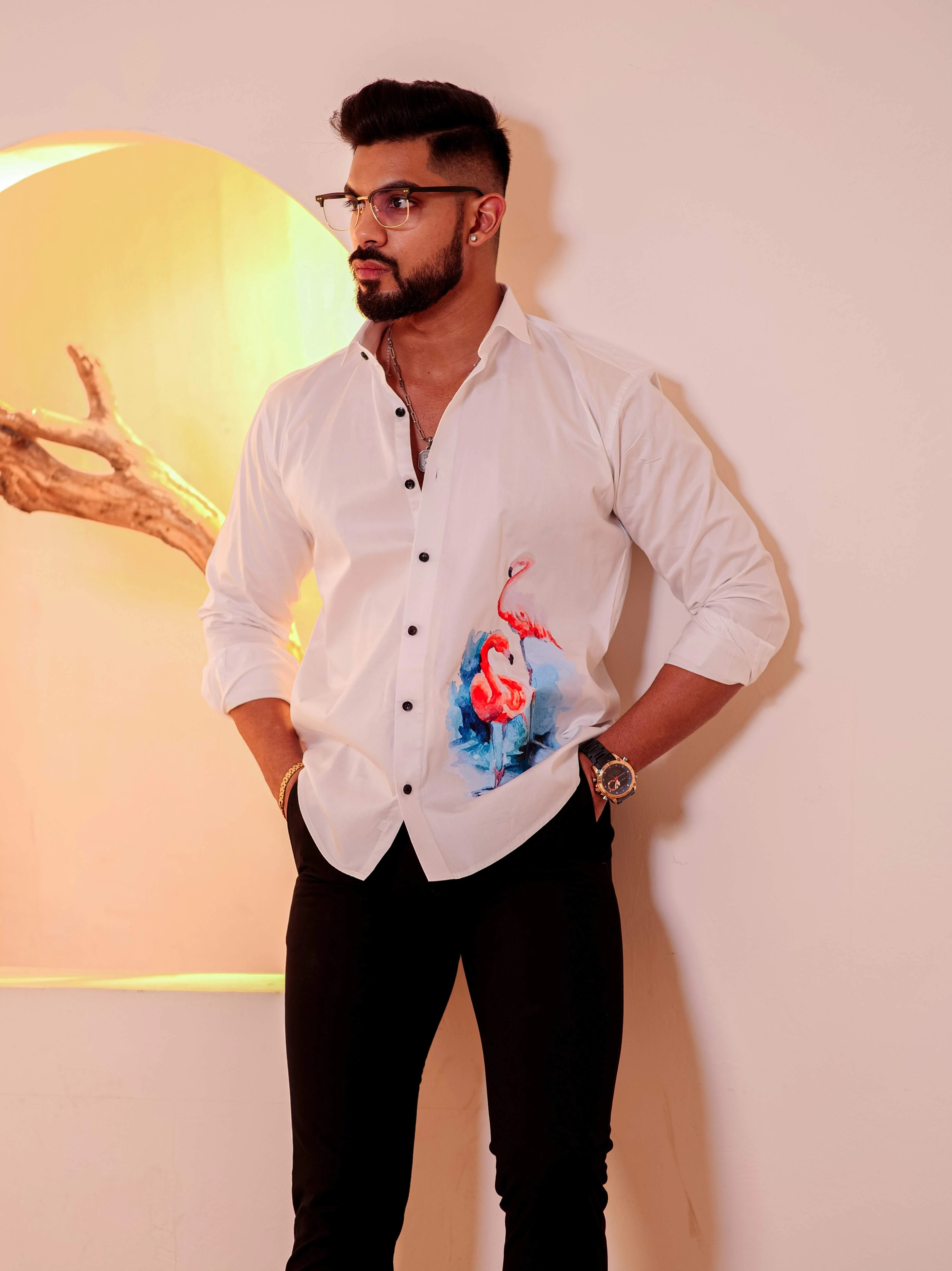 White Club Wear Printed Satin Cotton Shirt - Image 5