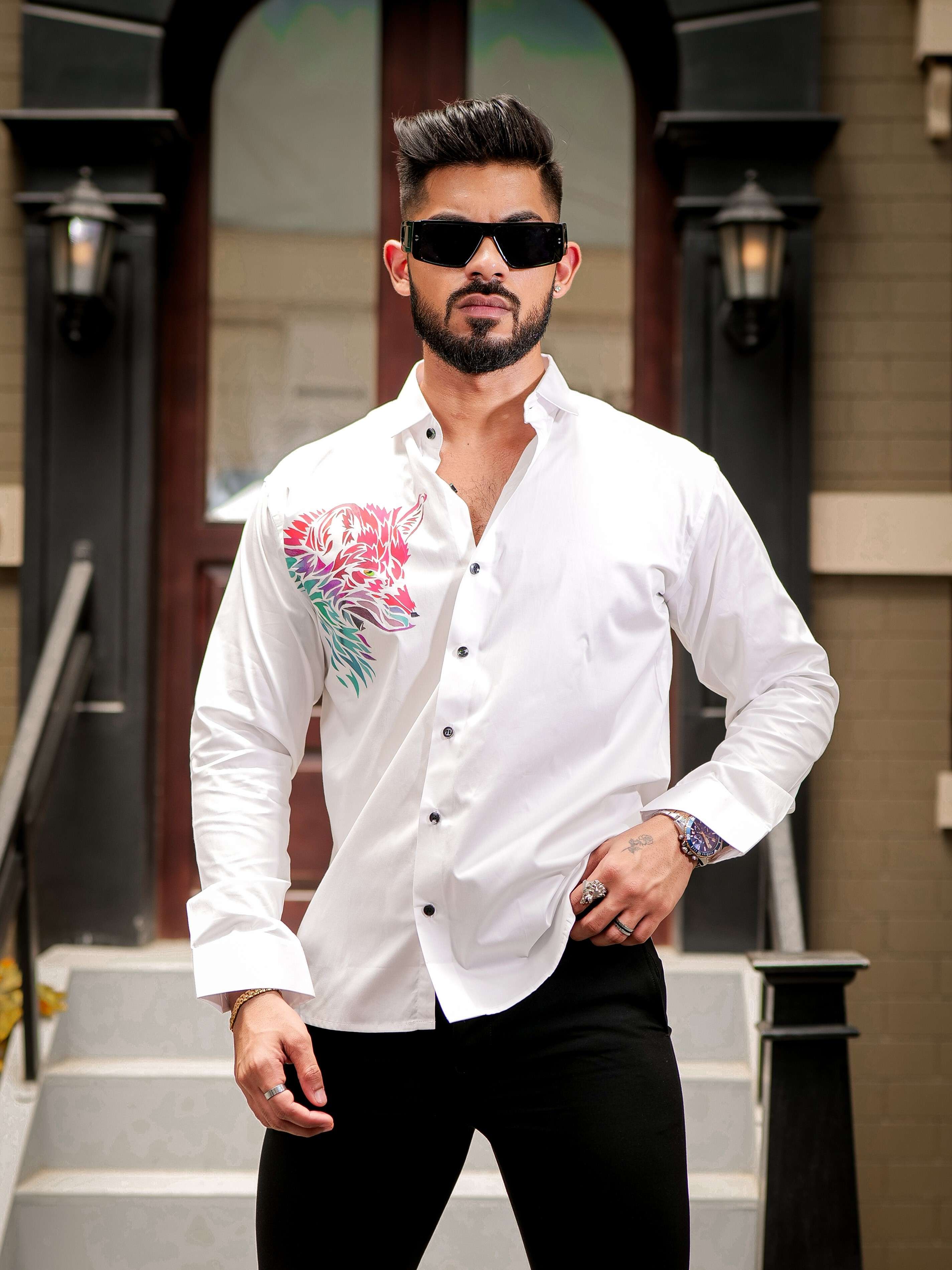 White Club Wear Printed Satin Cotton Shirt - Image 6