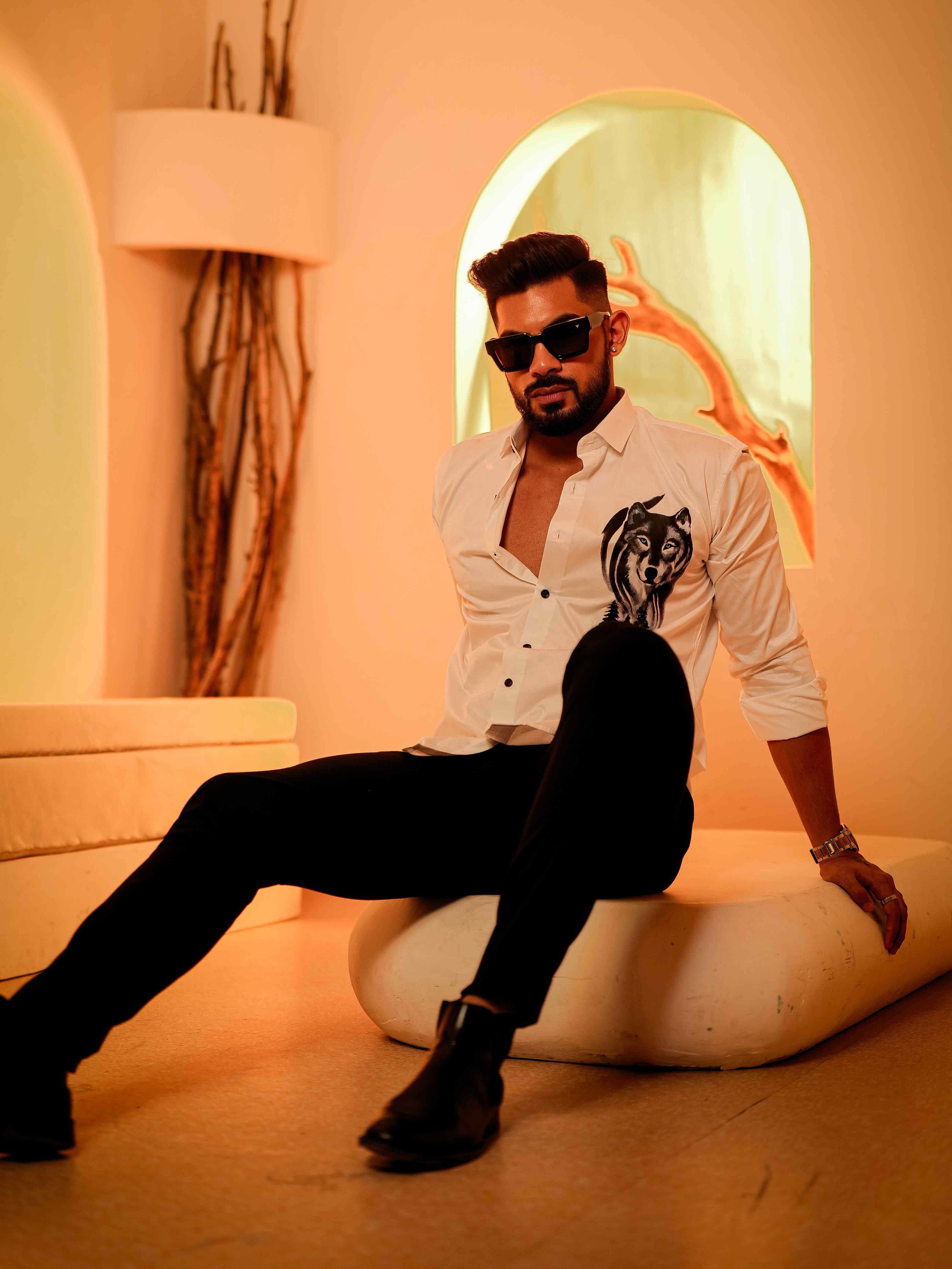 White Club Wear Printed Satin Cotton Shirt - Image 3