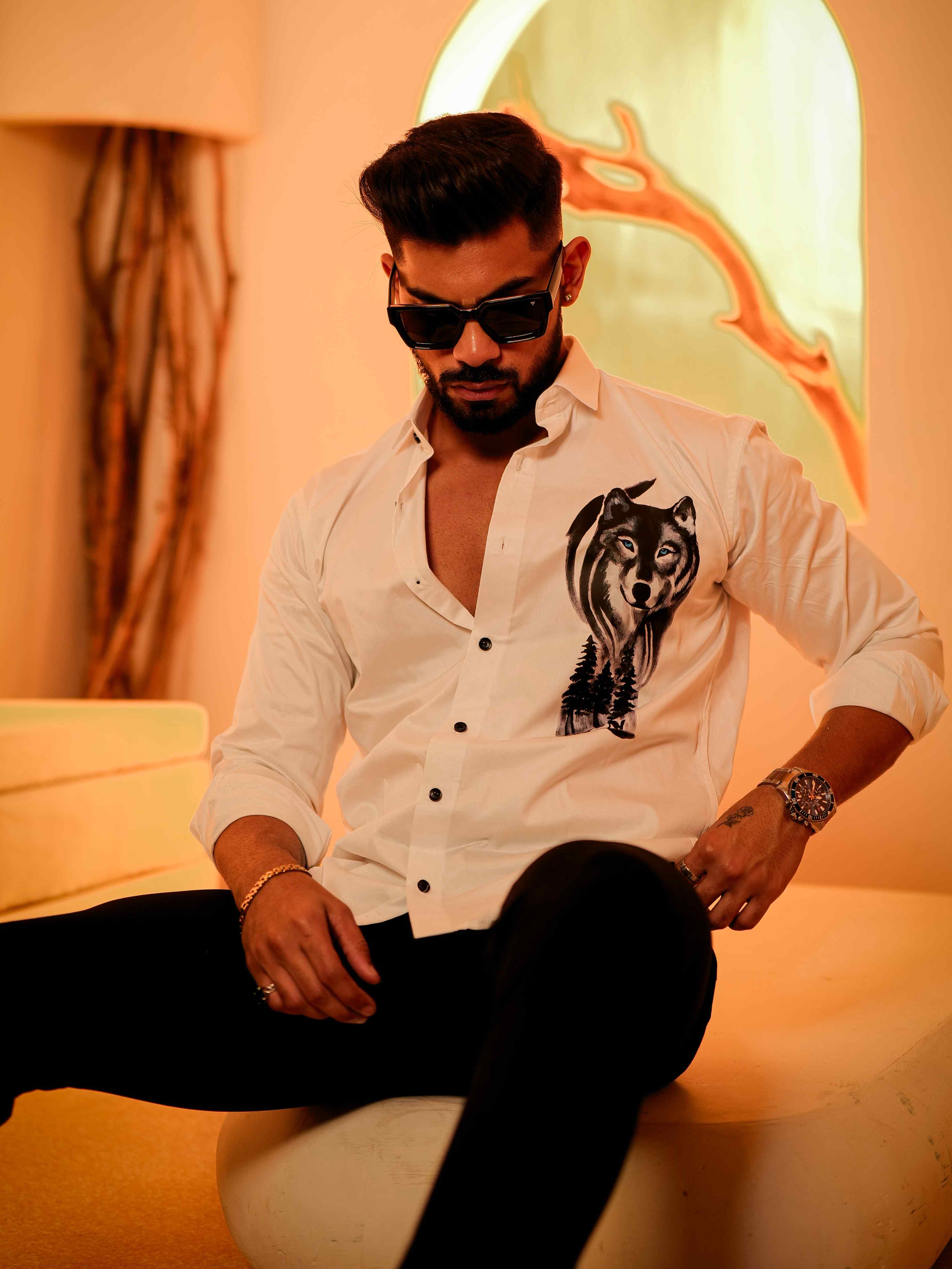 White Club Wear Printed Satin Cotton Shirt - Image 4
