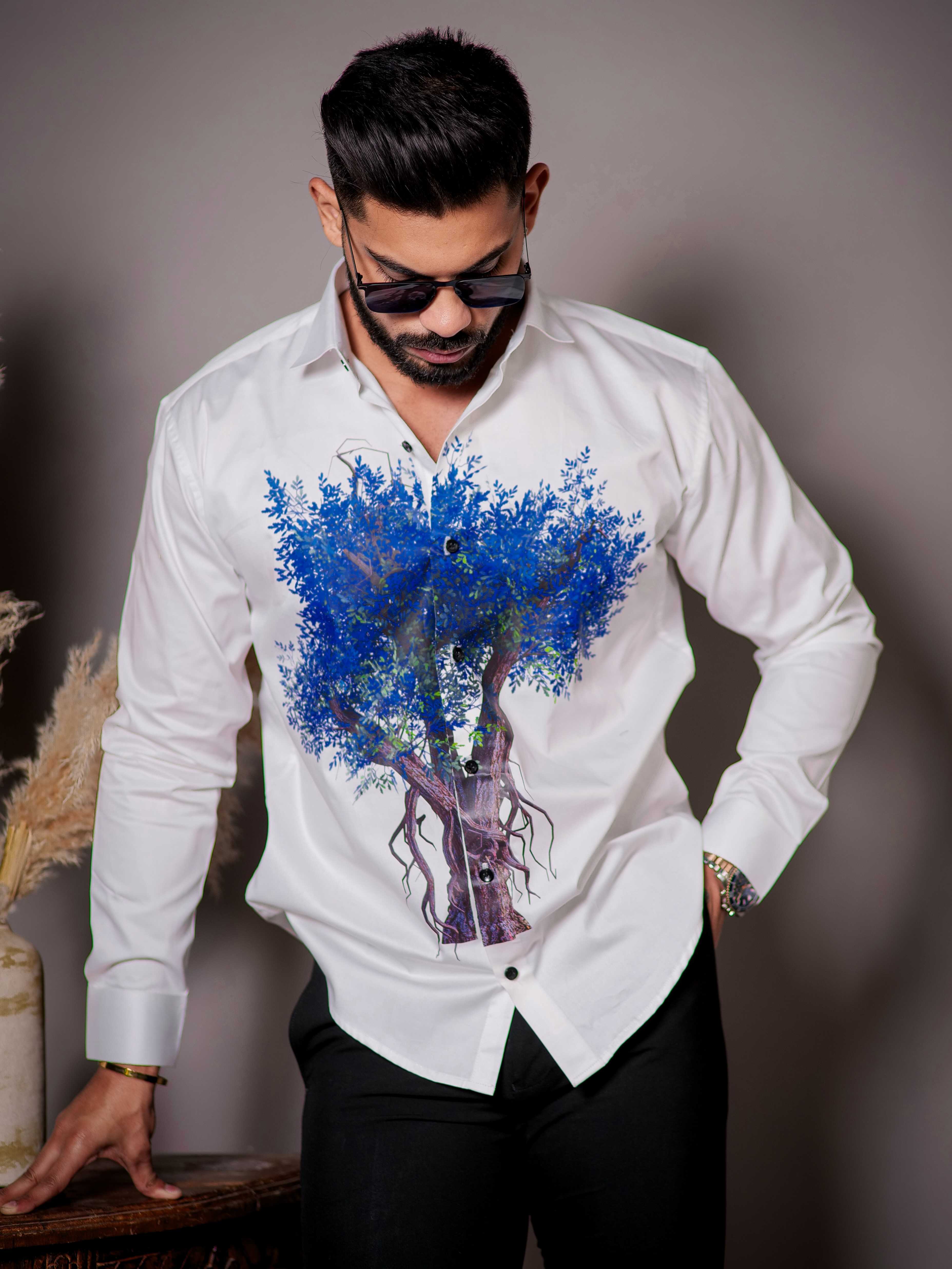 White Club Wear Printed Satin Cotton Shirt - Image 3