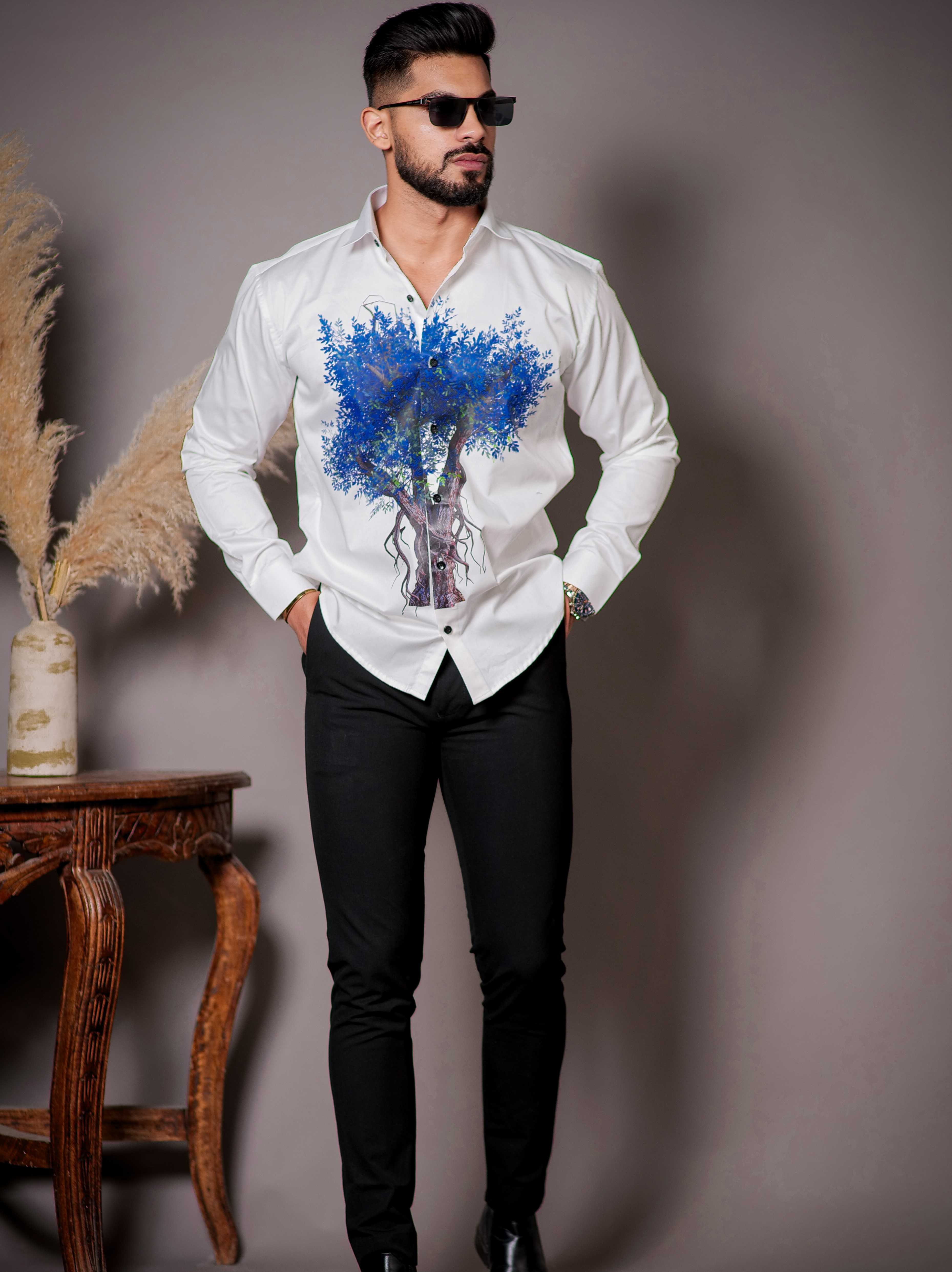 White Club Wear Printed Satin Cotton Shirt - Image 4