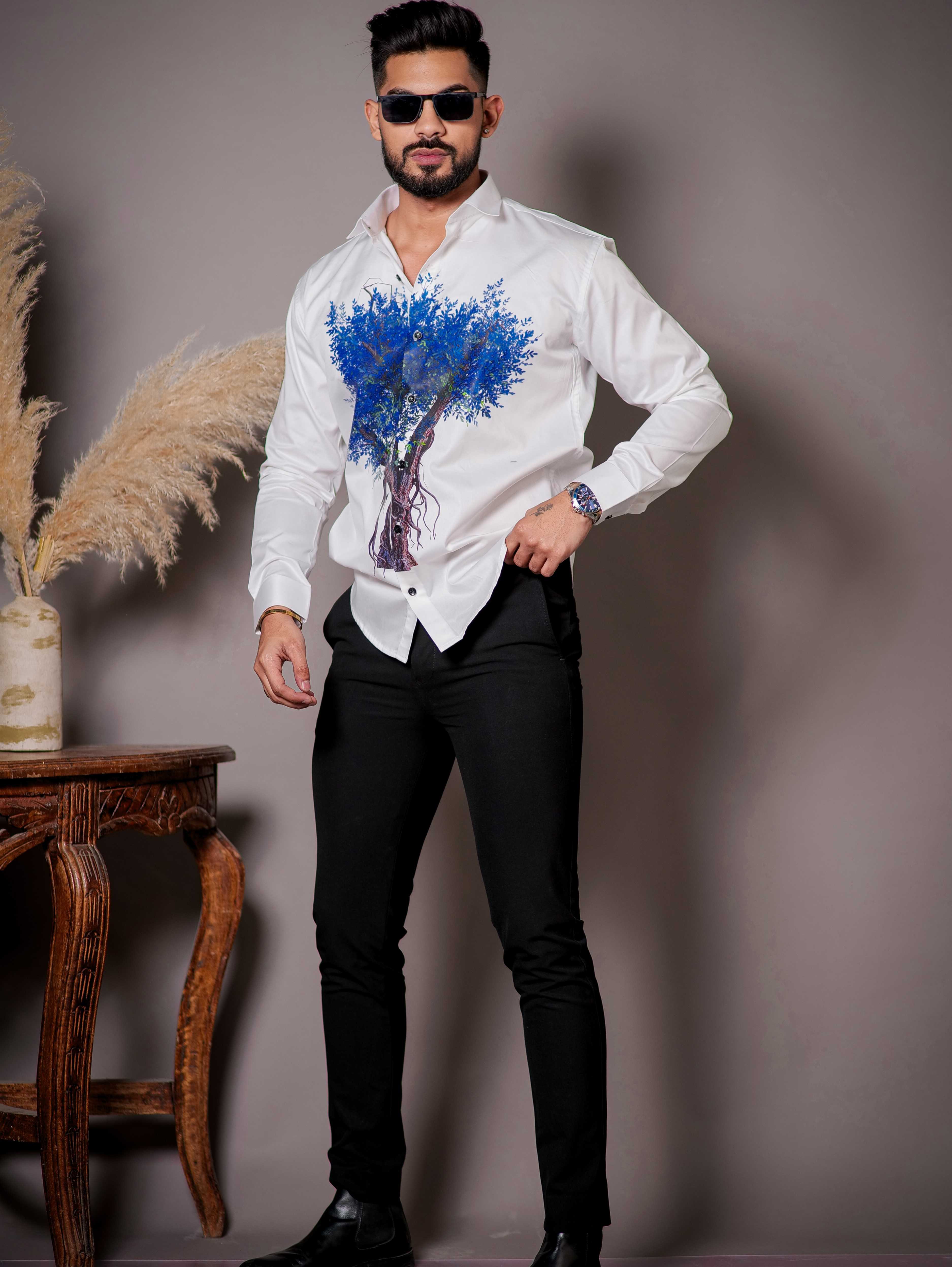 White Club Wear Printed Satin Cotton Shirt - Image 5