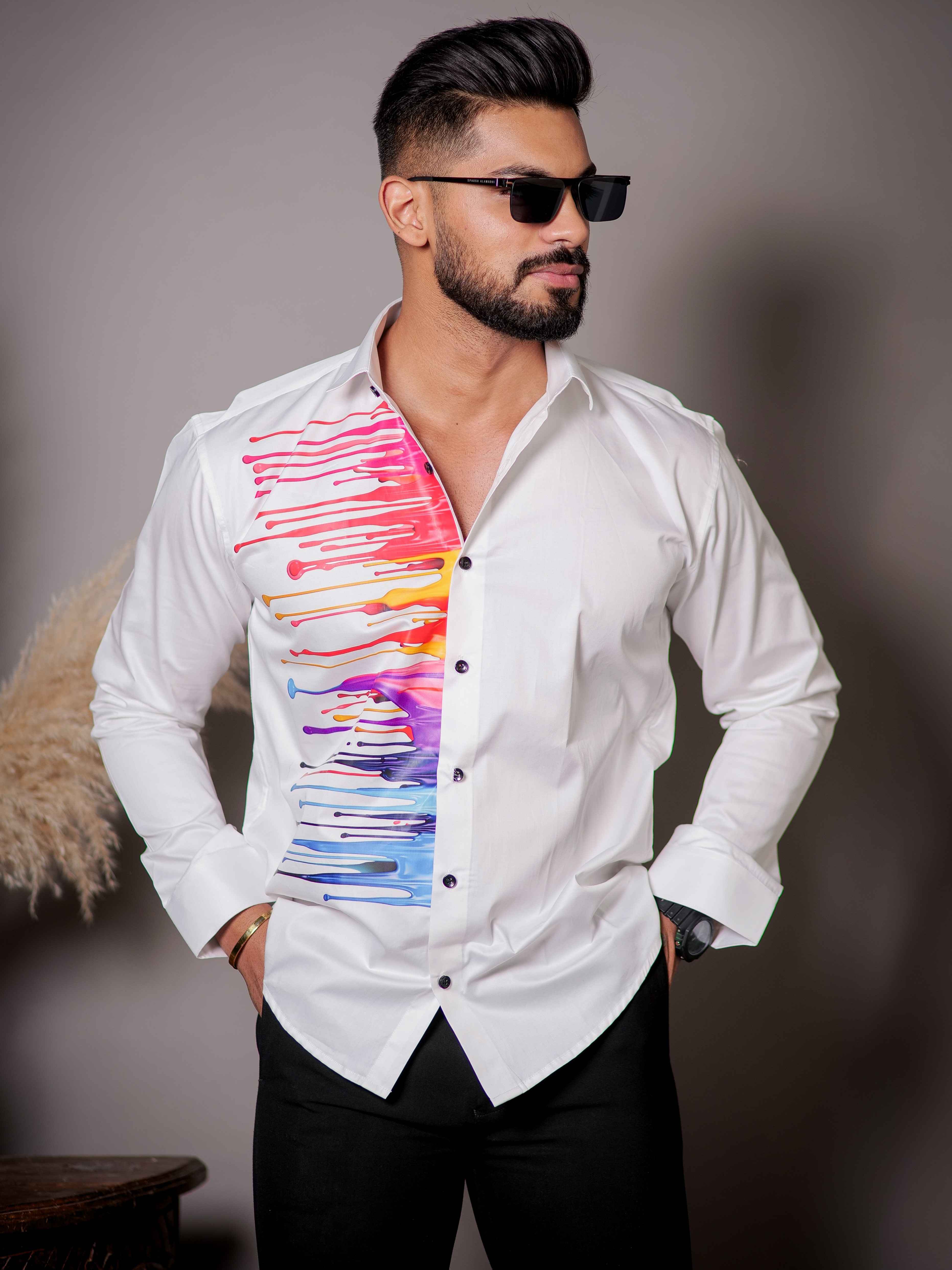 White Club Wear Printed Satin Cotton Shirt - Image 3