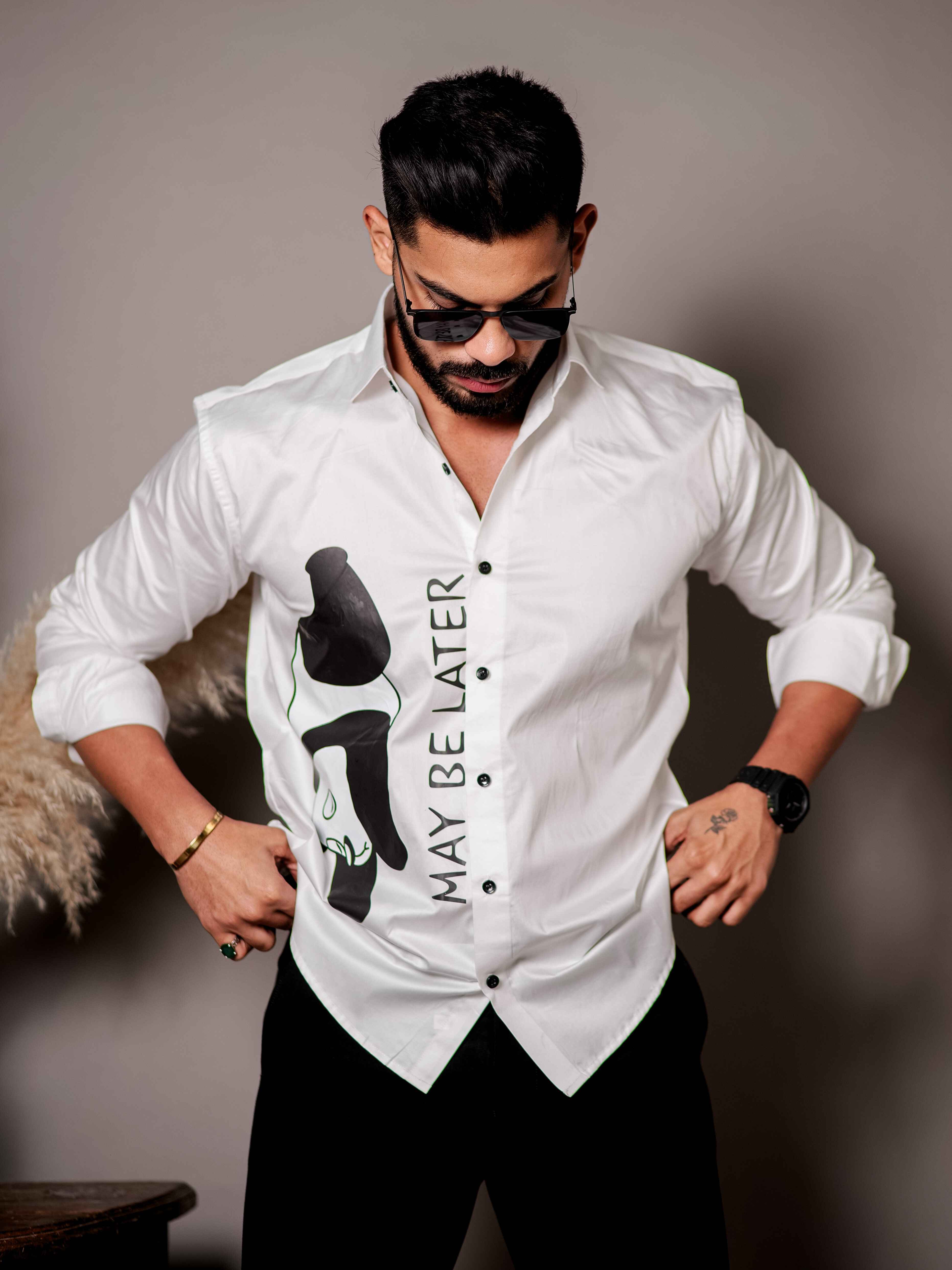 White Club Wear Printed Satin Cotton Shirt - Image 3