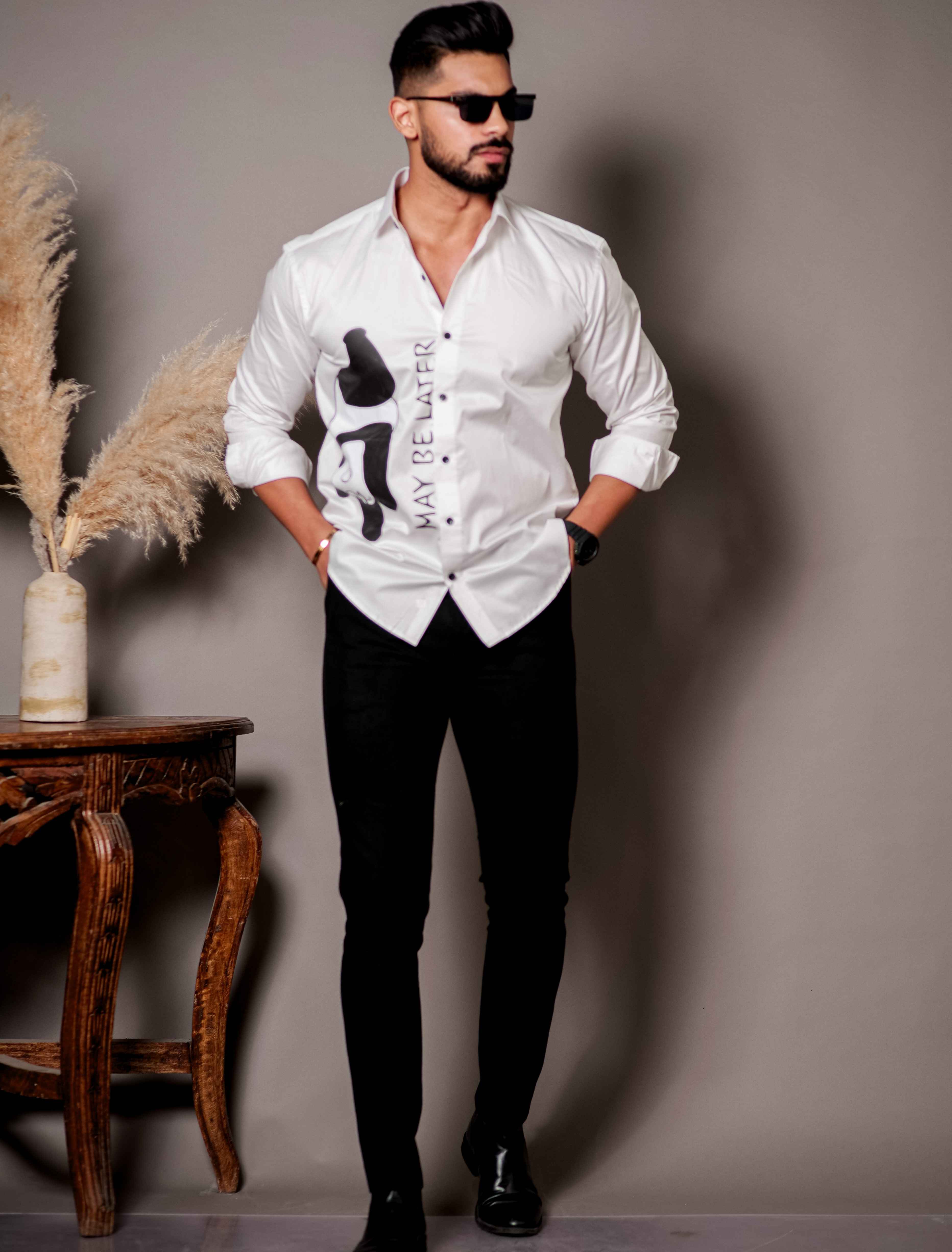 White Club Wear Printed Satin Cotton Shirt - Image 5