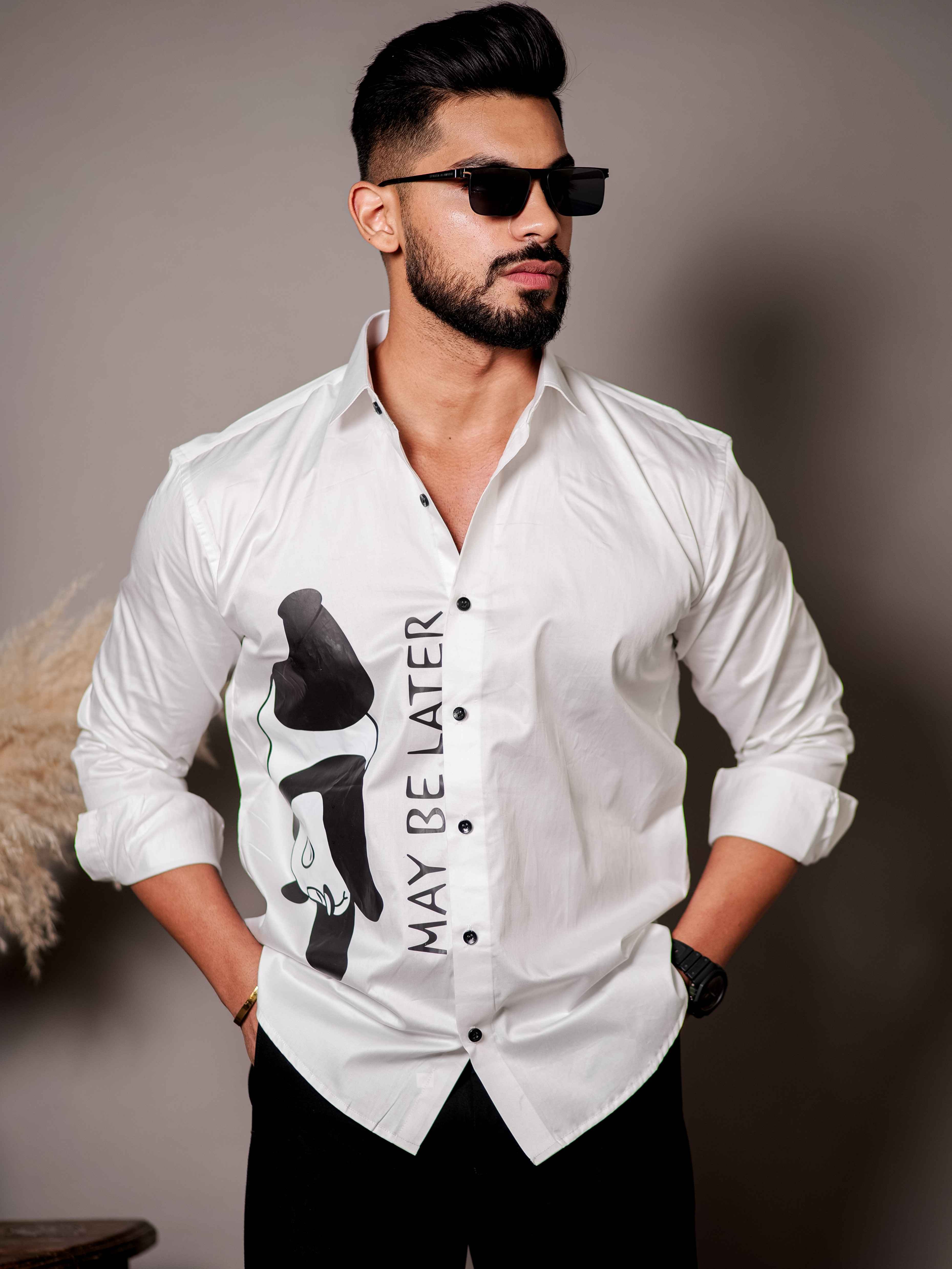 White Club Wear Printed Satin Cotton Shirt - Image 7