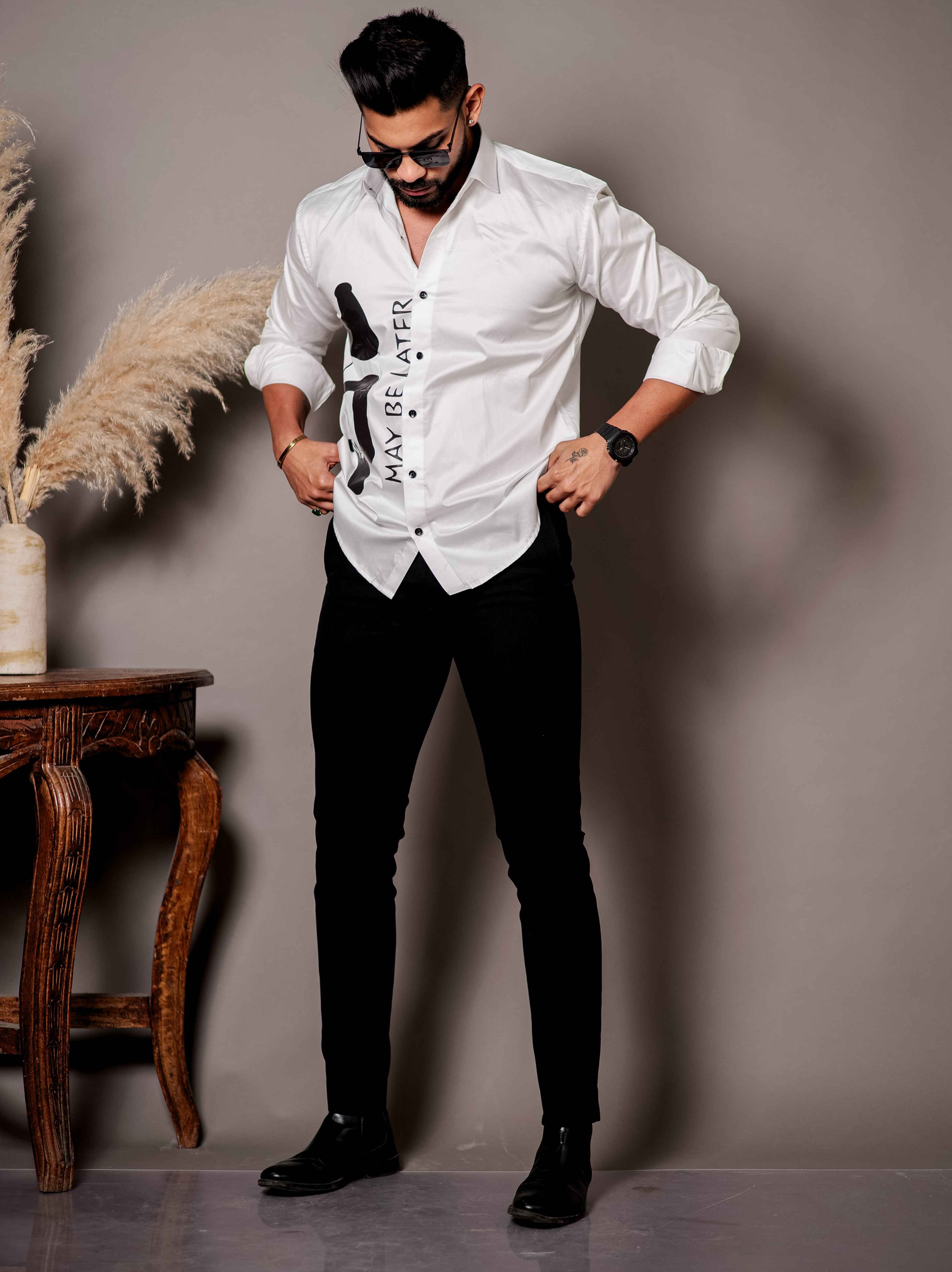 White Club Wear Printed Satin Cotton Shirt - Image 8