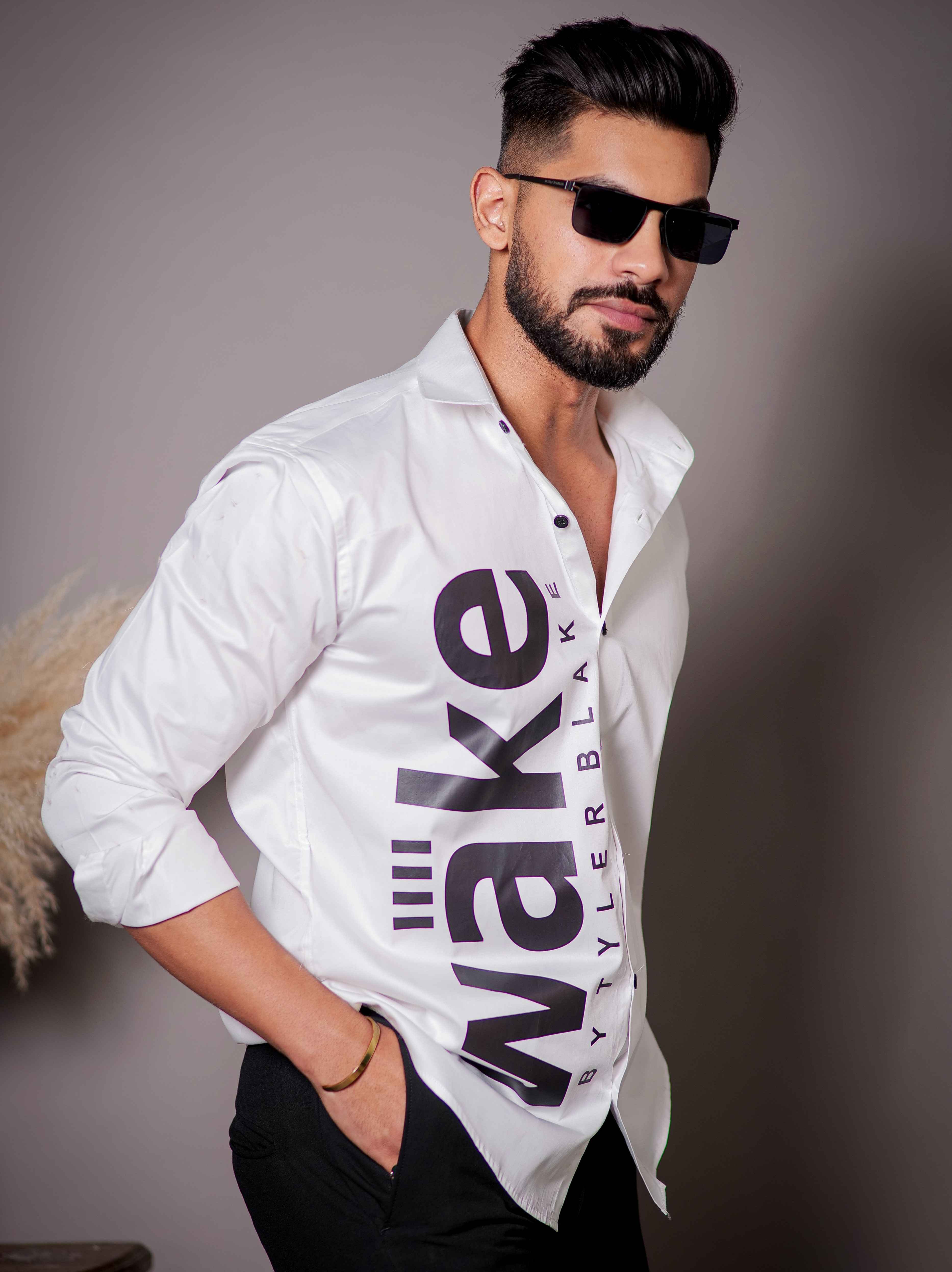 White Club Wear Printed Satin Cotton Shirt - Image 3