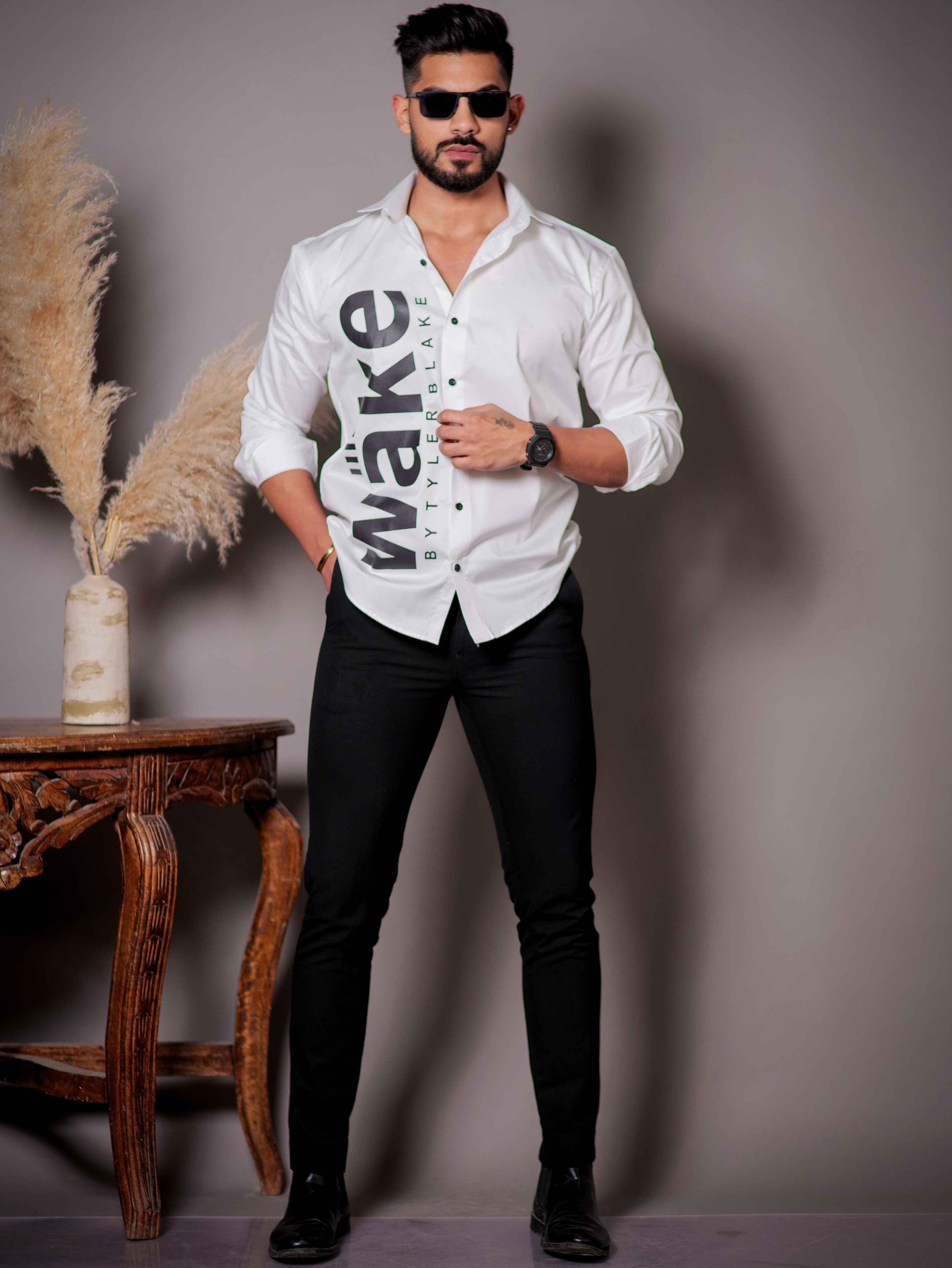 White Club Wear Printed Satin Cotton Shirt - Image 4