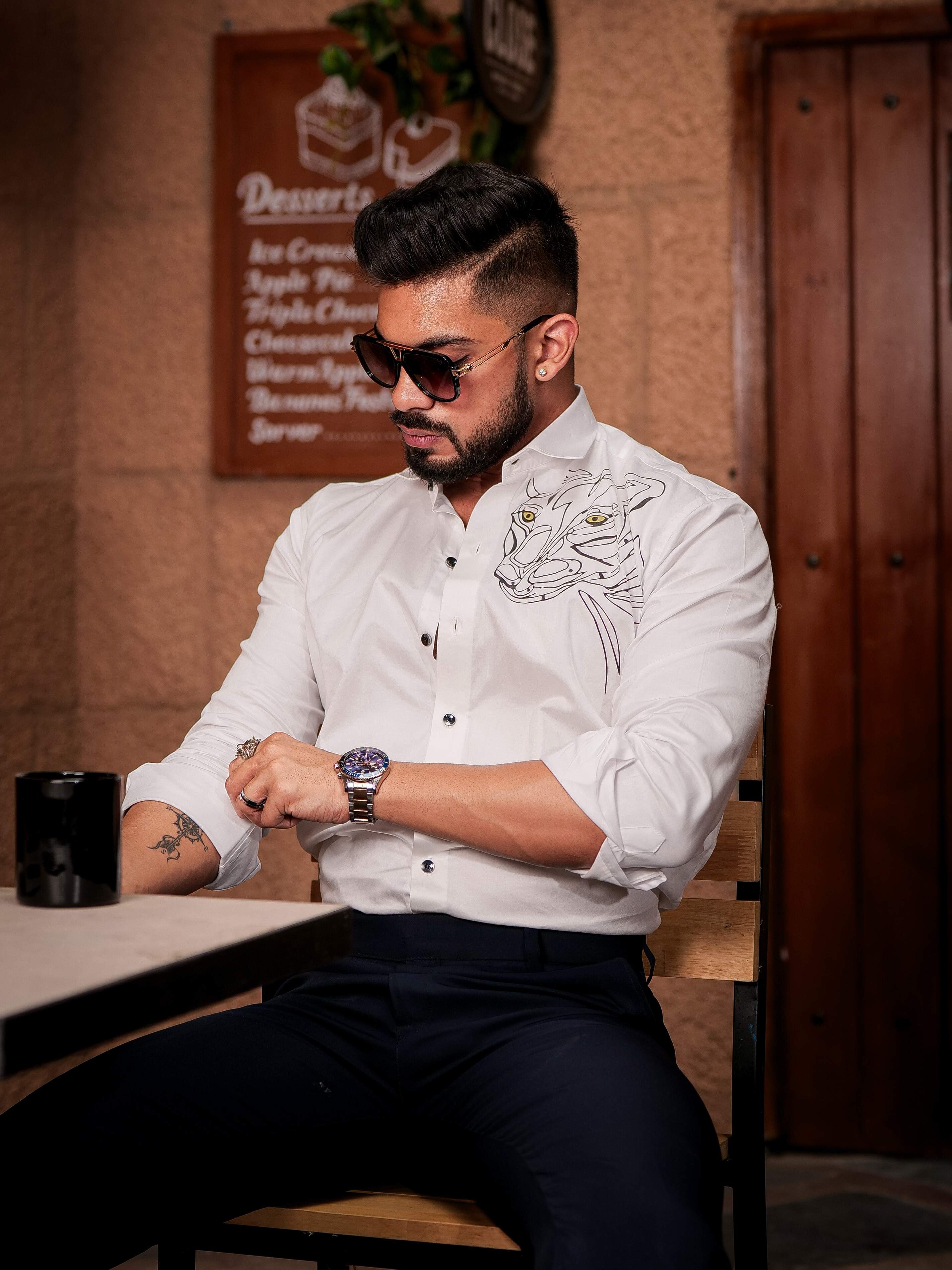 White Club Wear Printed Satin Cotton Shirt - Image 6