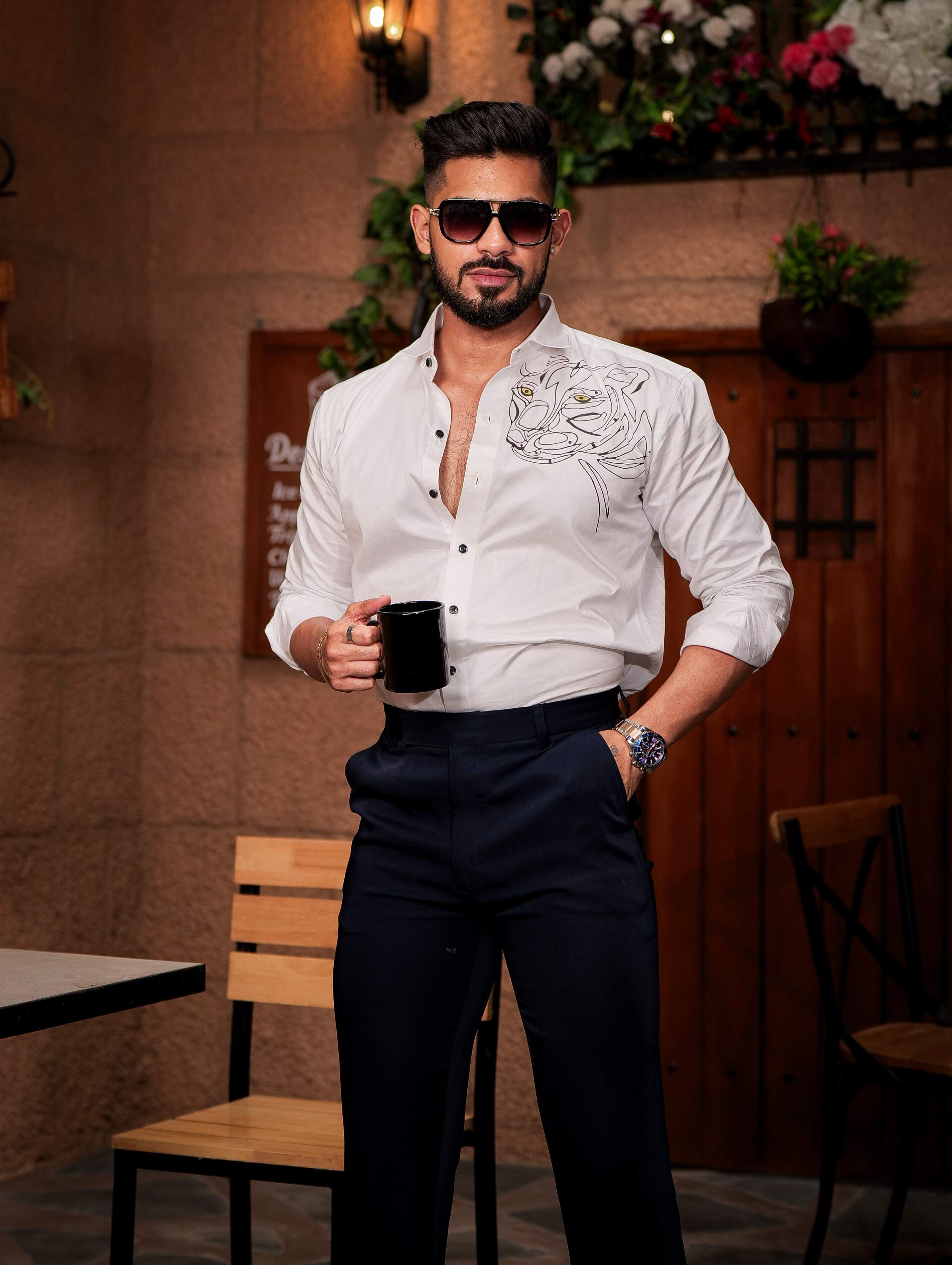 White Club Wear Printed Satin Cotton Shirt - Image 8