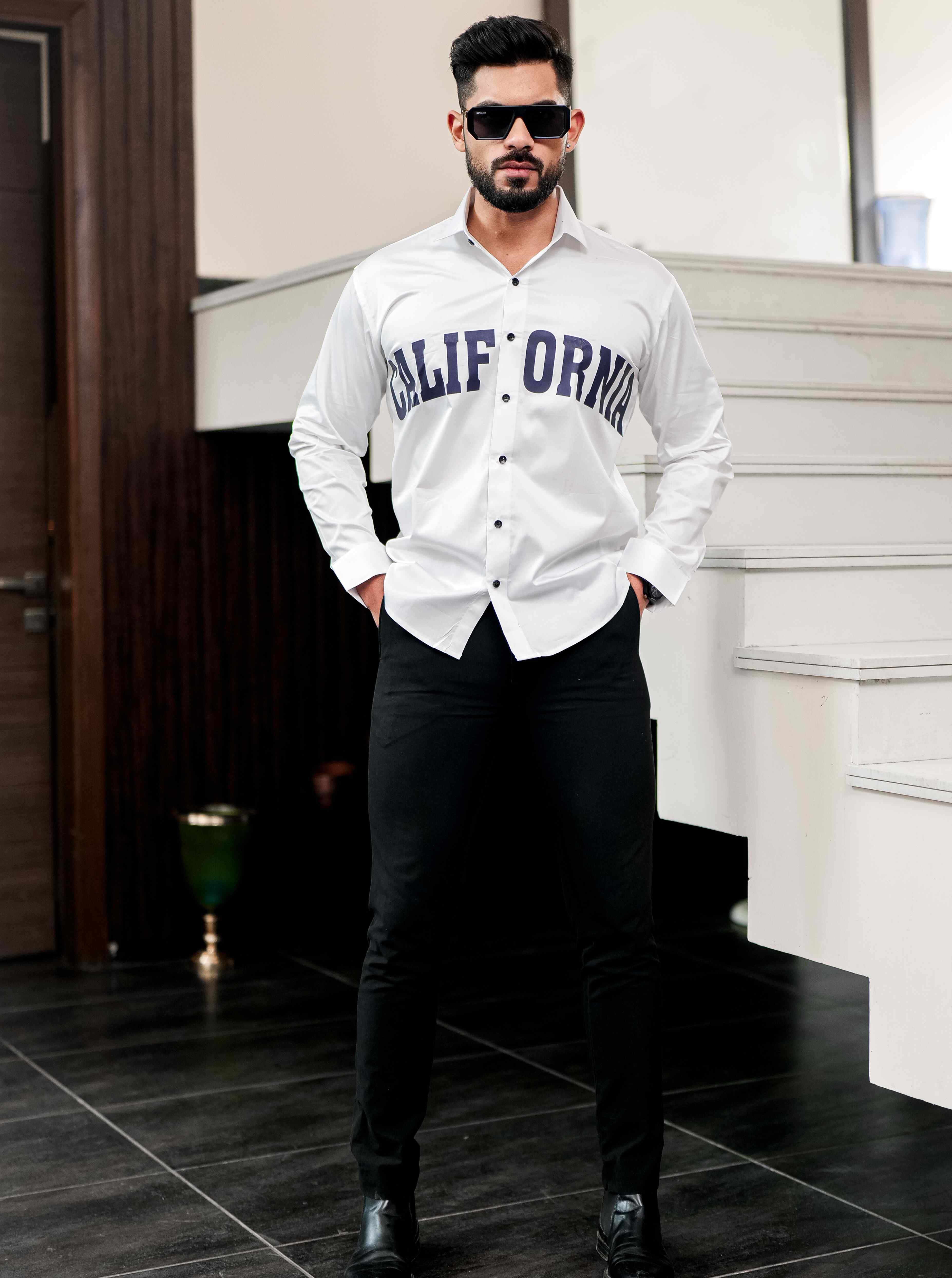 White Club Wear Printed Satin Cotton Shirt - Image 2