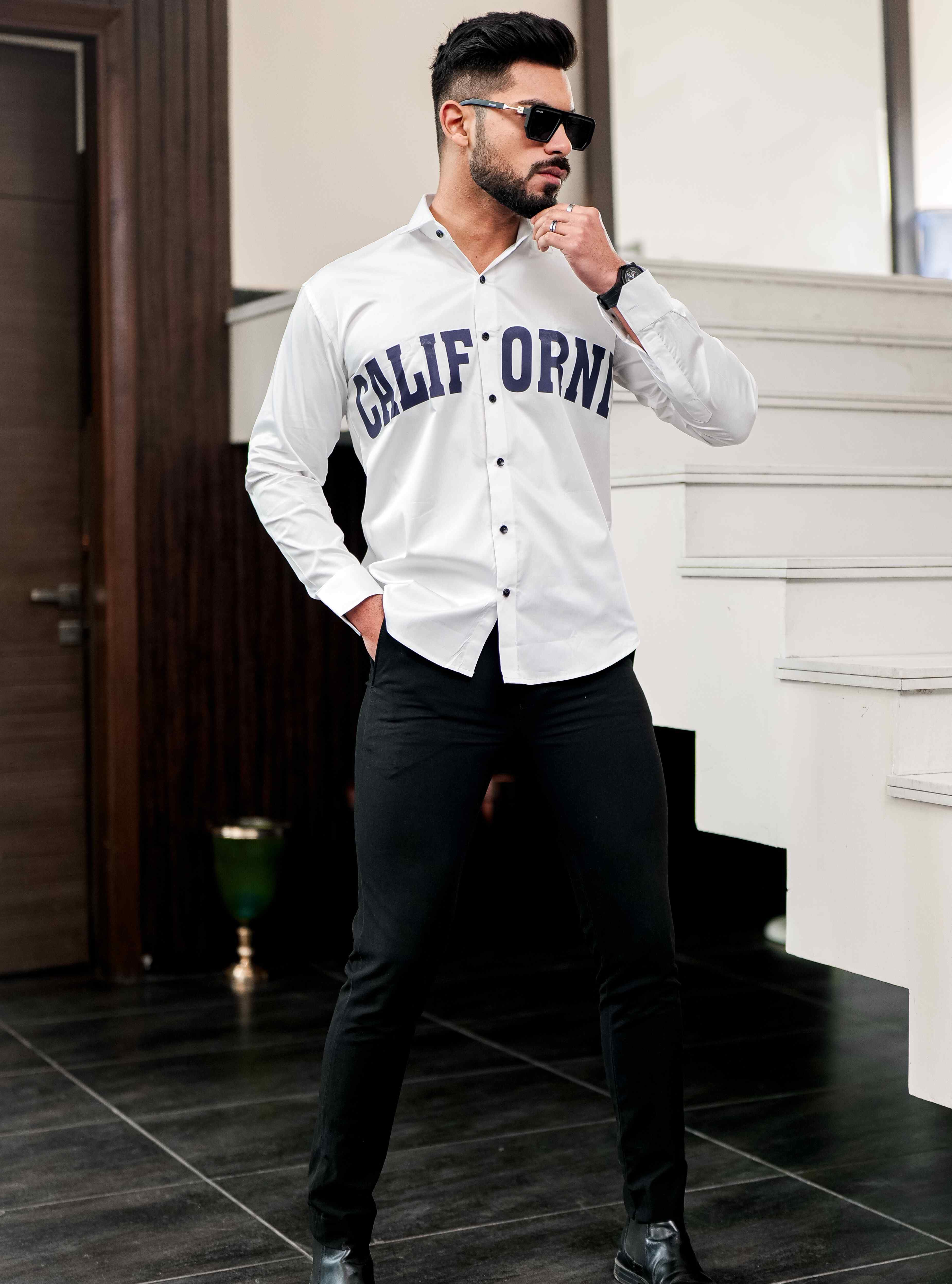 White Club Wear Printed Satin Cotton Shirt - Image 4