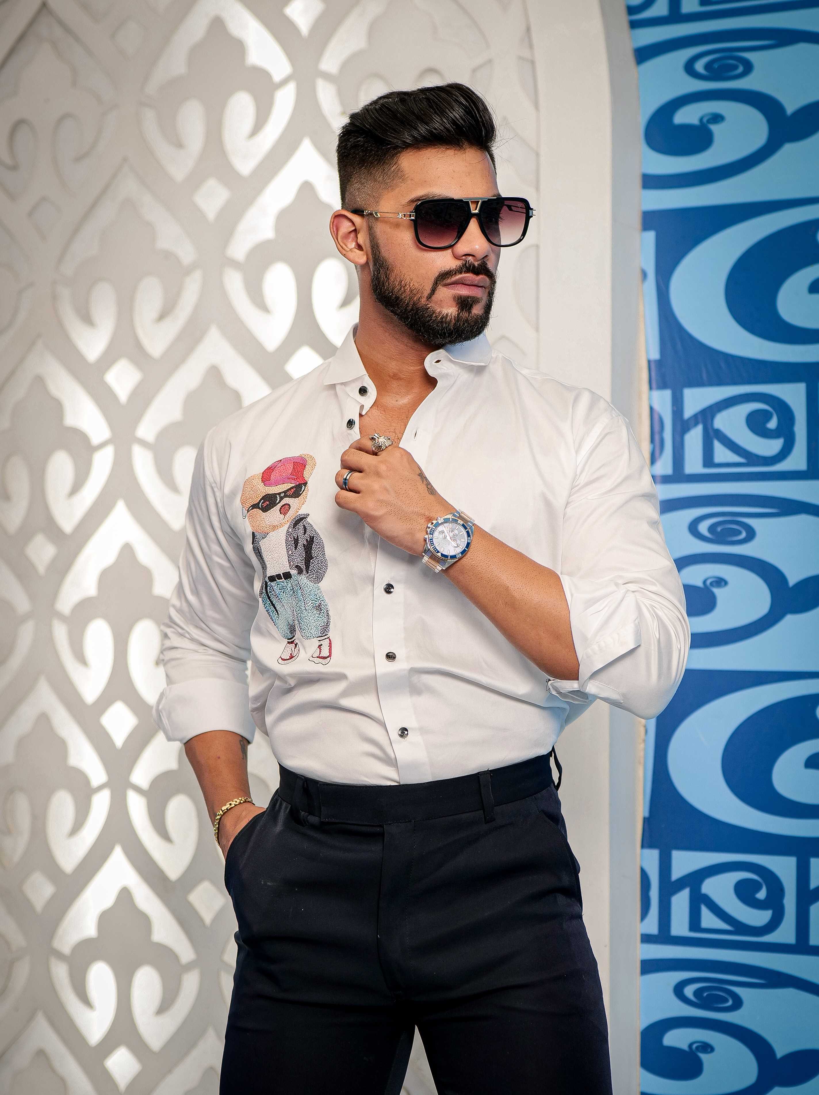 White Club Wear Printed Satin Cotton Shirt - Image 6