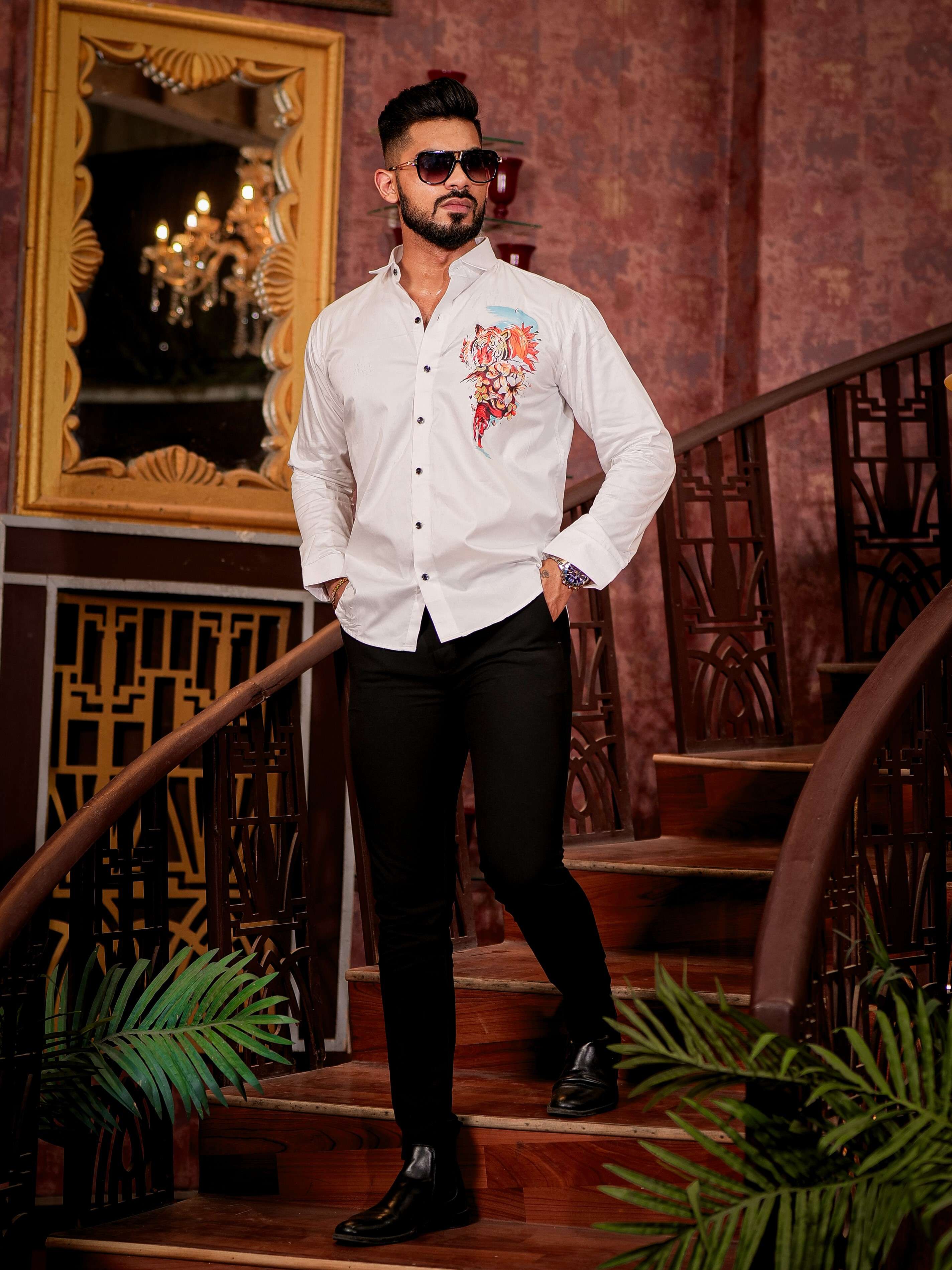 White Club Wear Printed Satin Cotton Shirt - Image 3