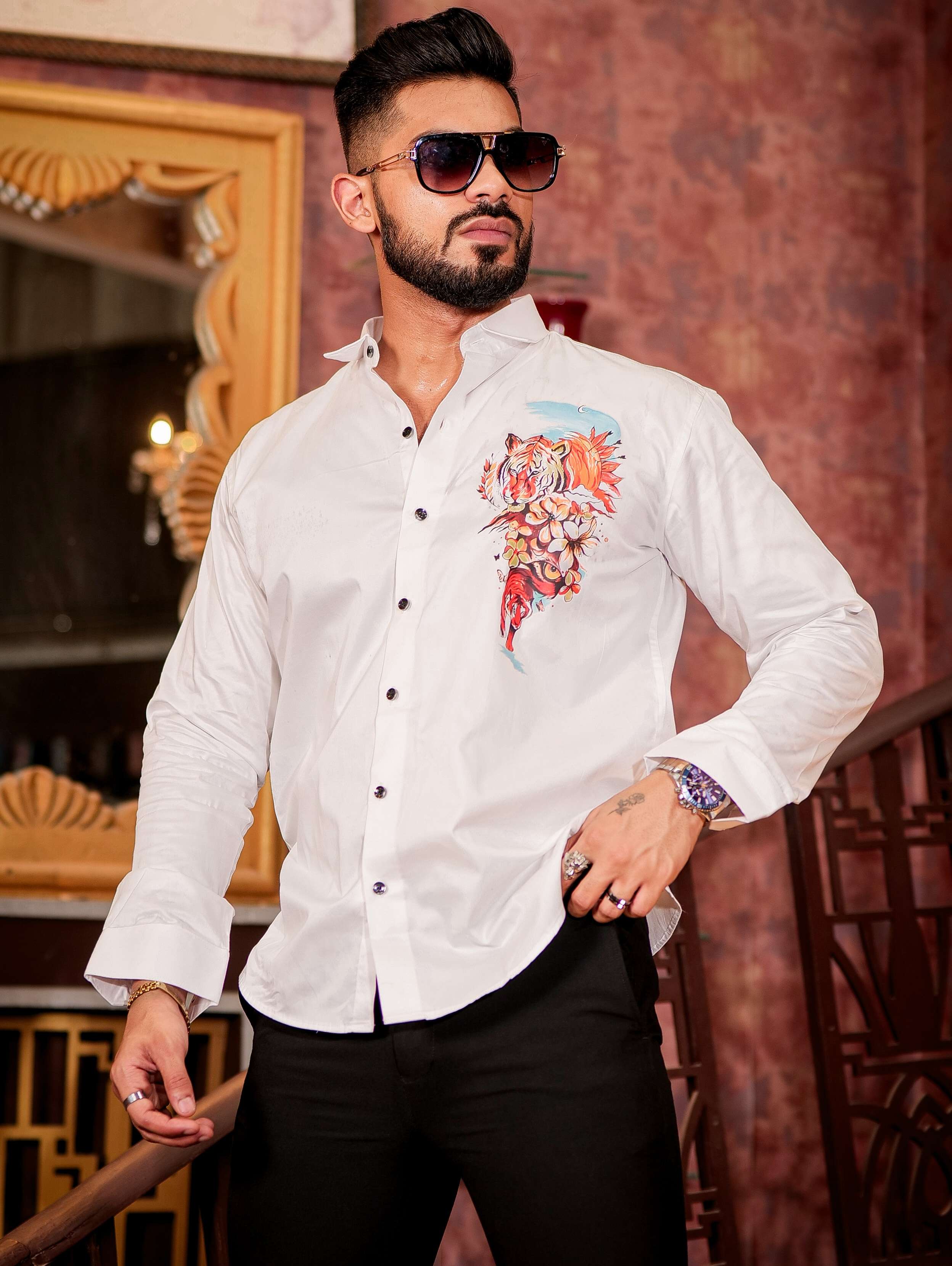 White Club Wear Printed Satin Cotton Shirt - Image 5