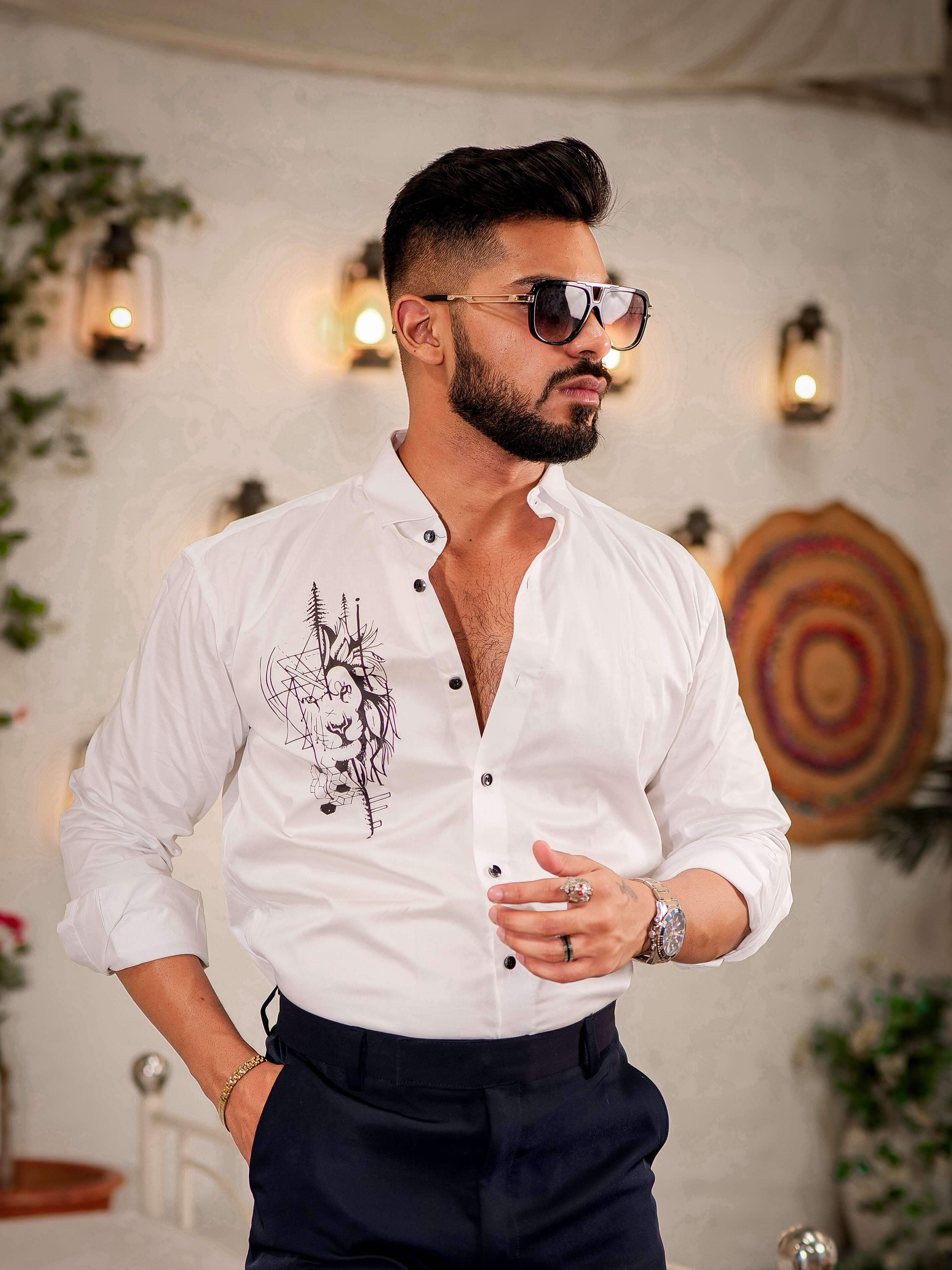 White Club Wear Printed Satin Cotton Shirt - Image 7