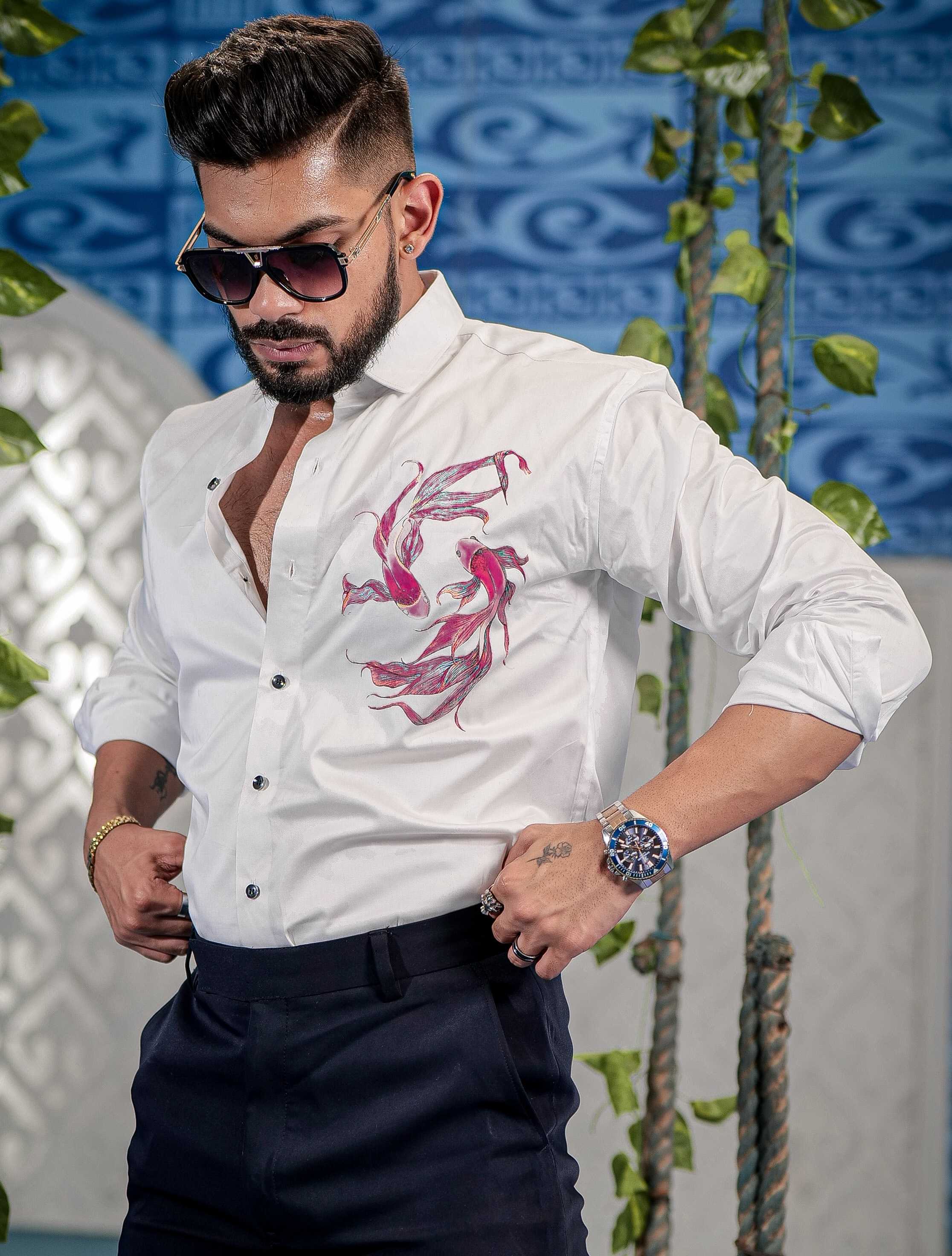 White Club Wear Printed Satin Cotton Shirt - Image 4