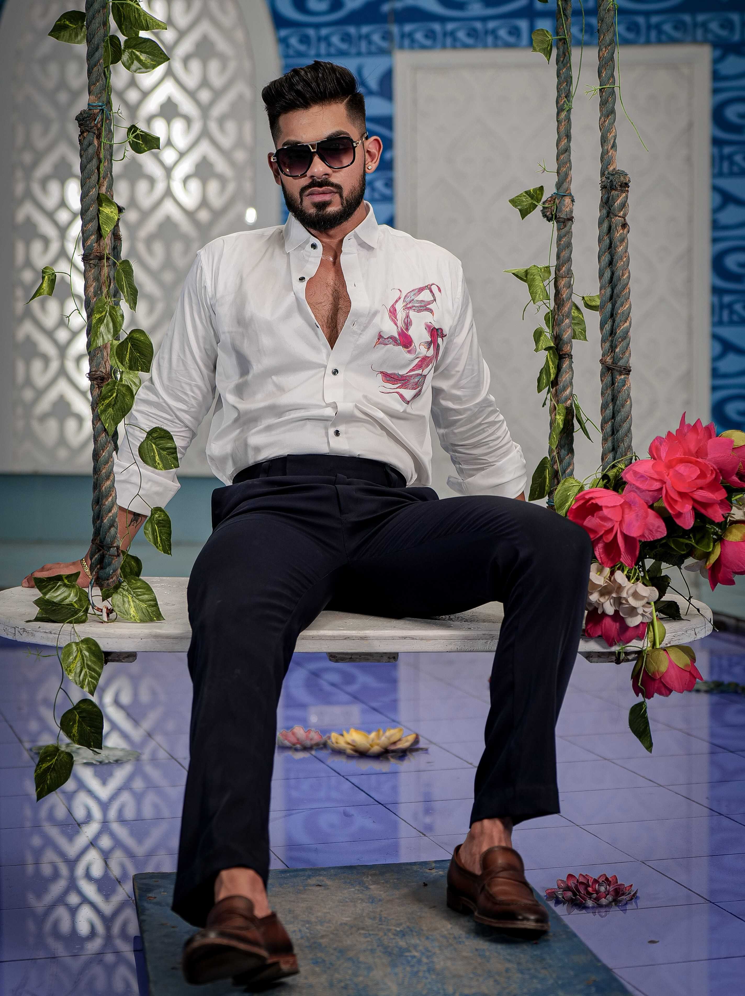 White Club Wear Printed Satin Cotton Shirt - Image 5