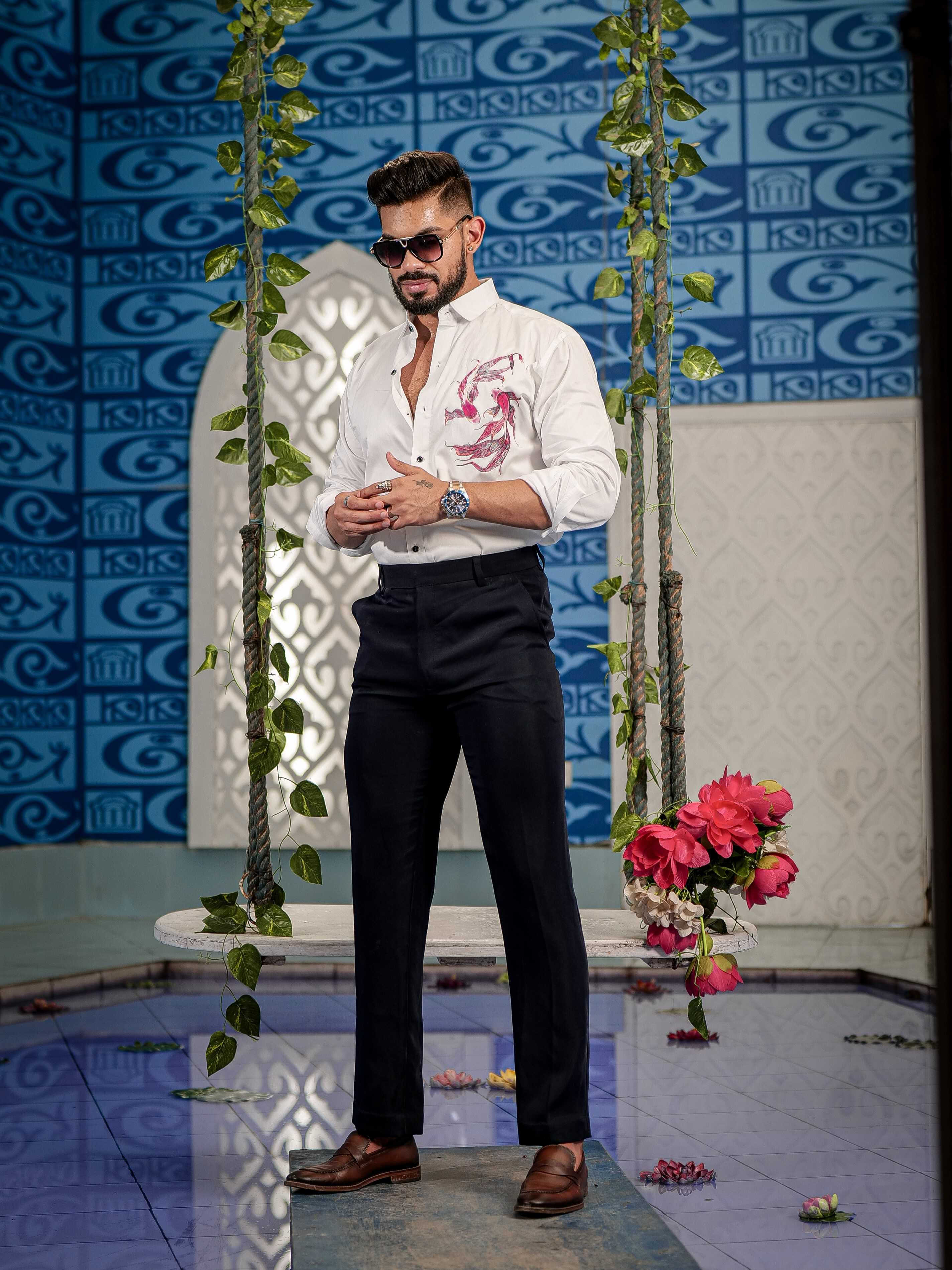 White Club Wear Printed Satin Cotton Shirt - Image 6
