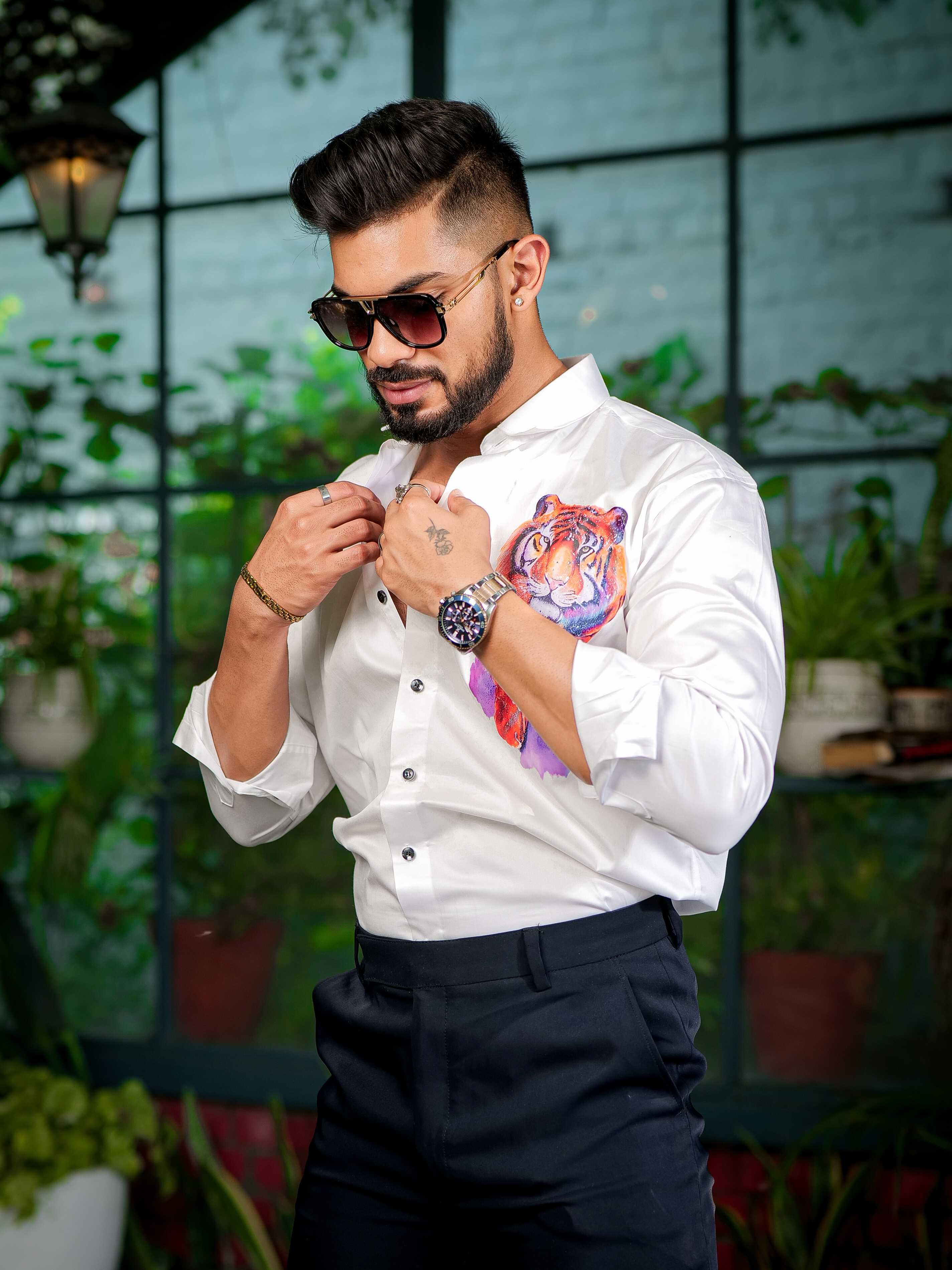 White Club Wear Printed Satin Cotton Shirt - Image 8