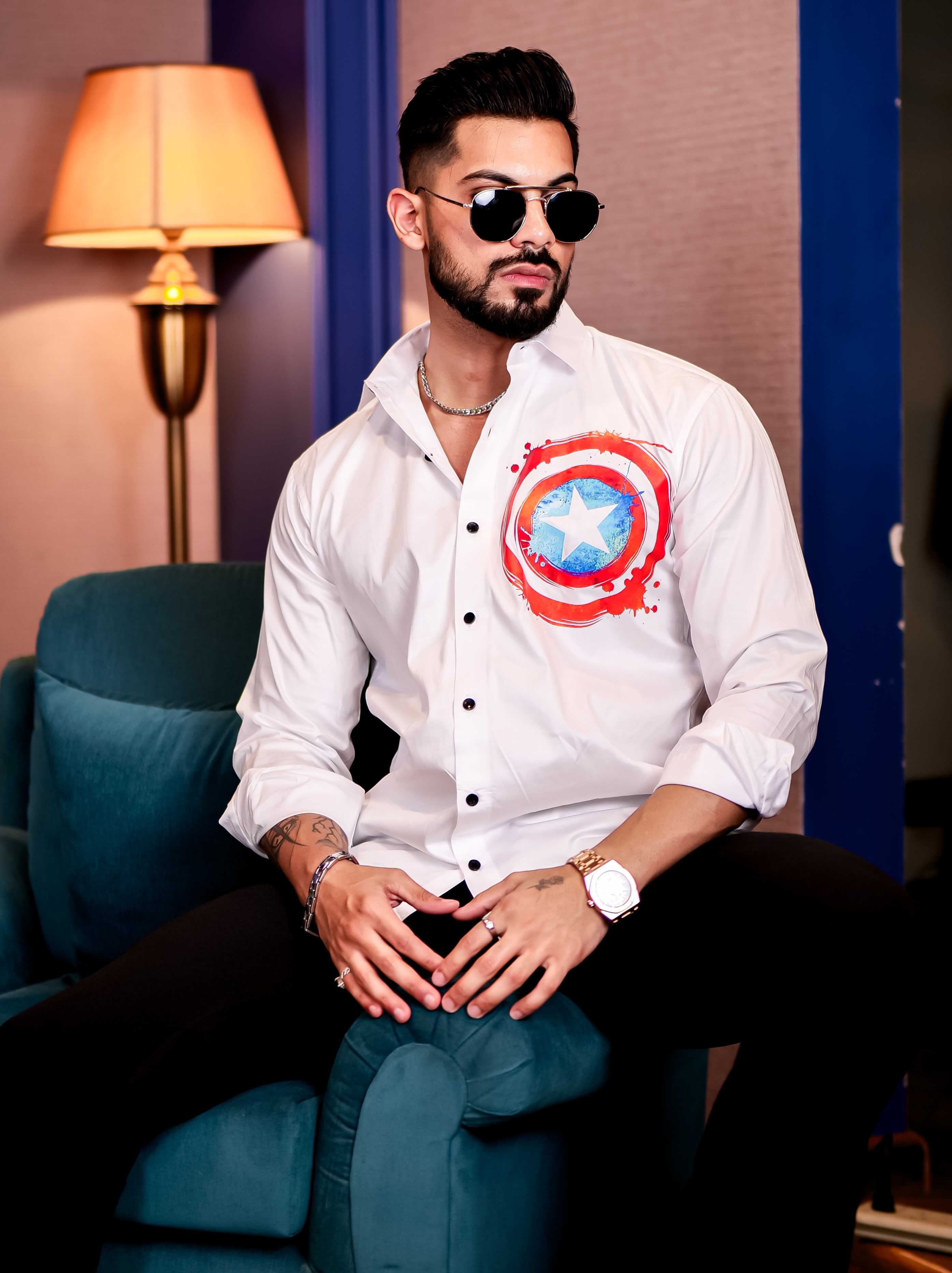White Club Wear Shield Printed Satin Cotton Shirt - Image 3