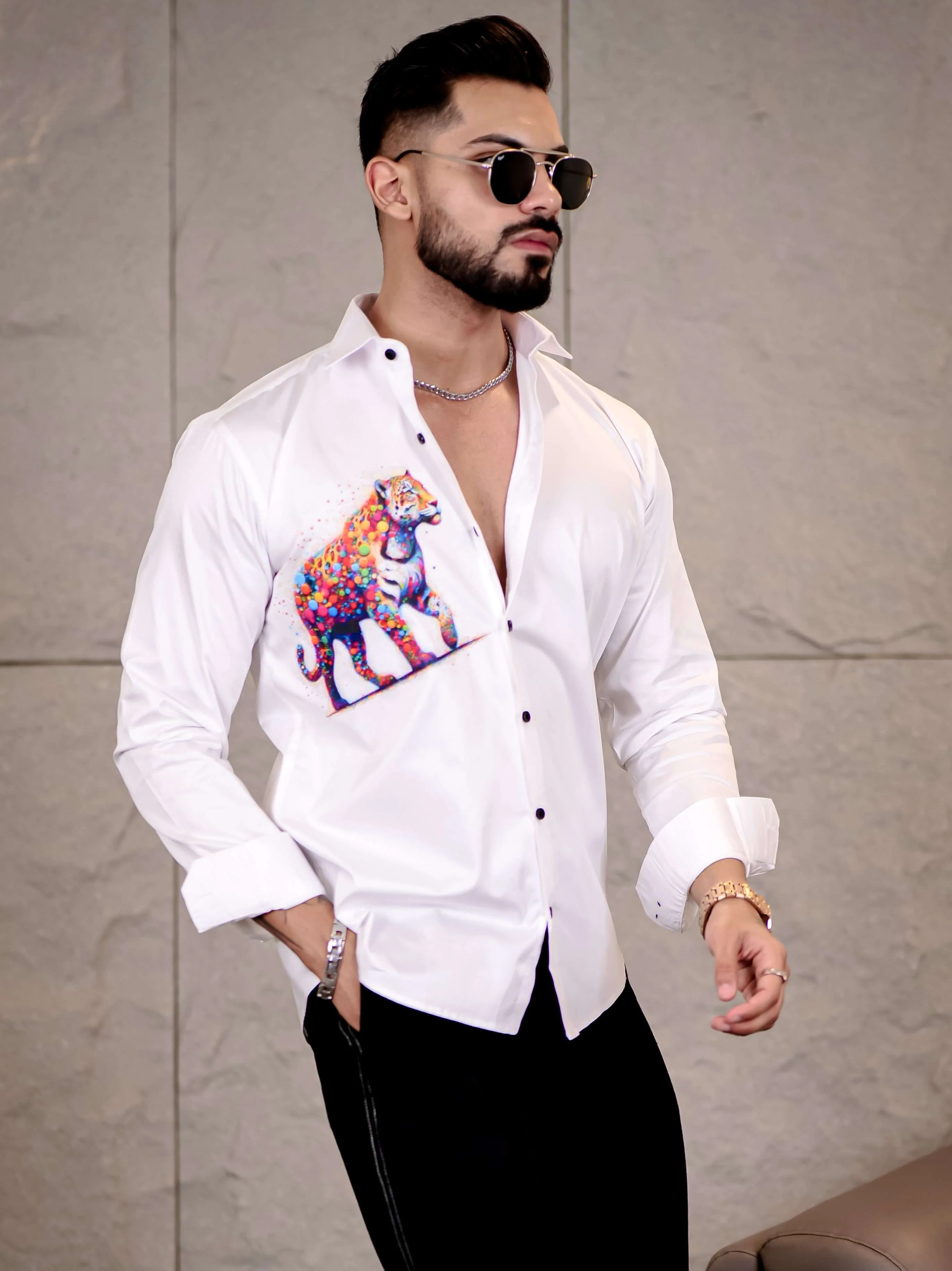 White Club Wear Tiger Printed Satin Cotton Shirt - Image 4