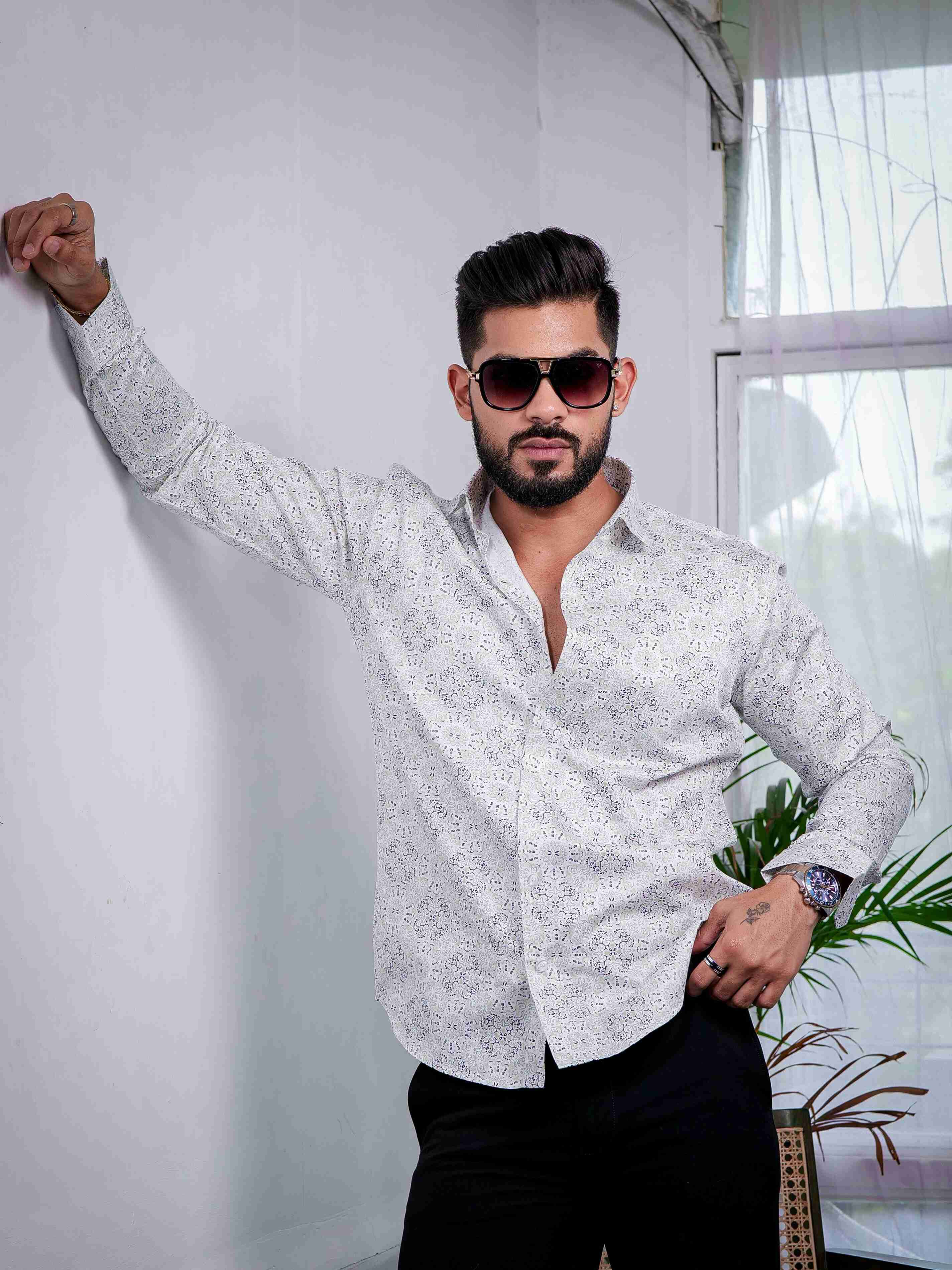 White Cotton Print Premium Shirt - Image 4