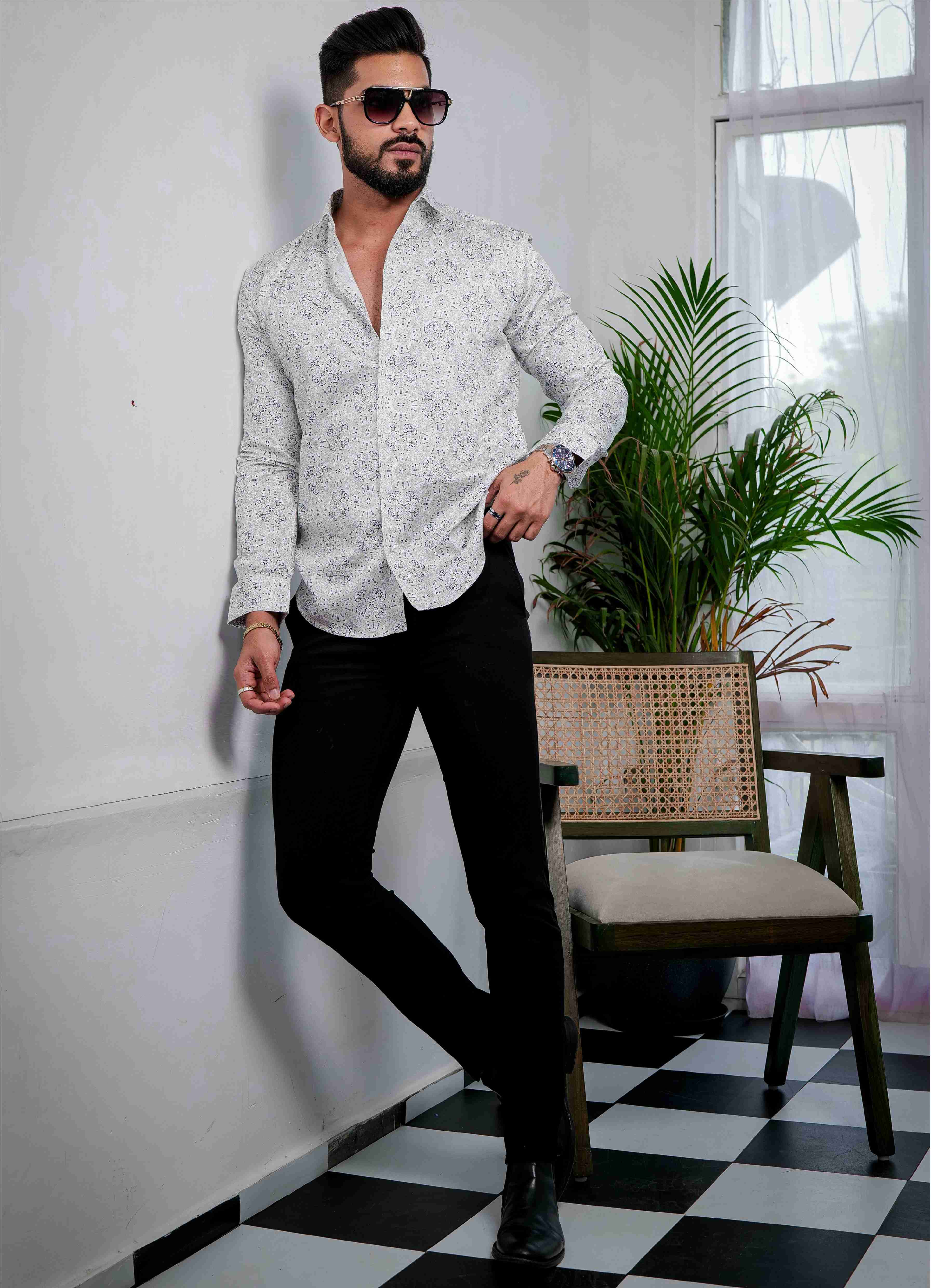 White Cotton Print Premium Shirt - Image 5