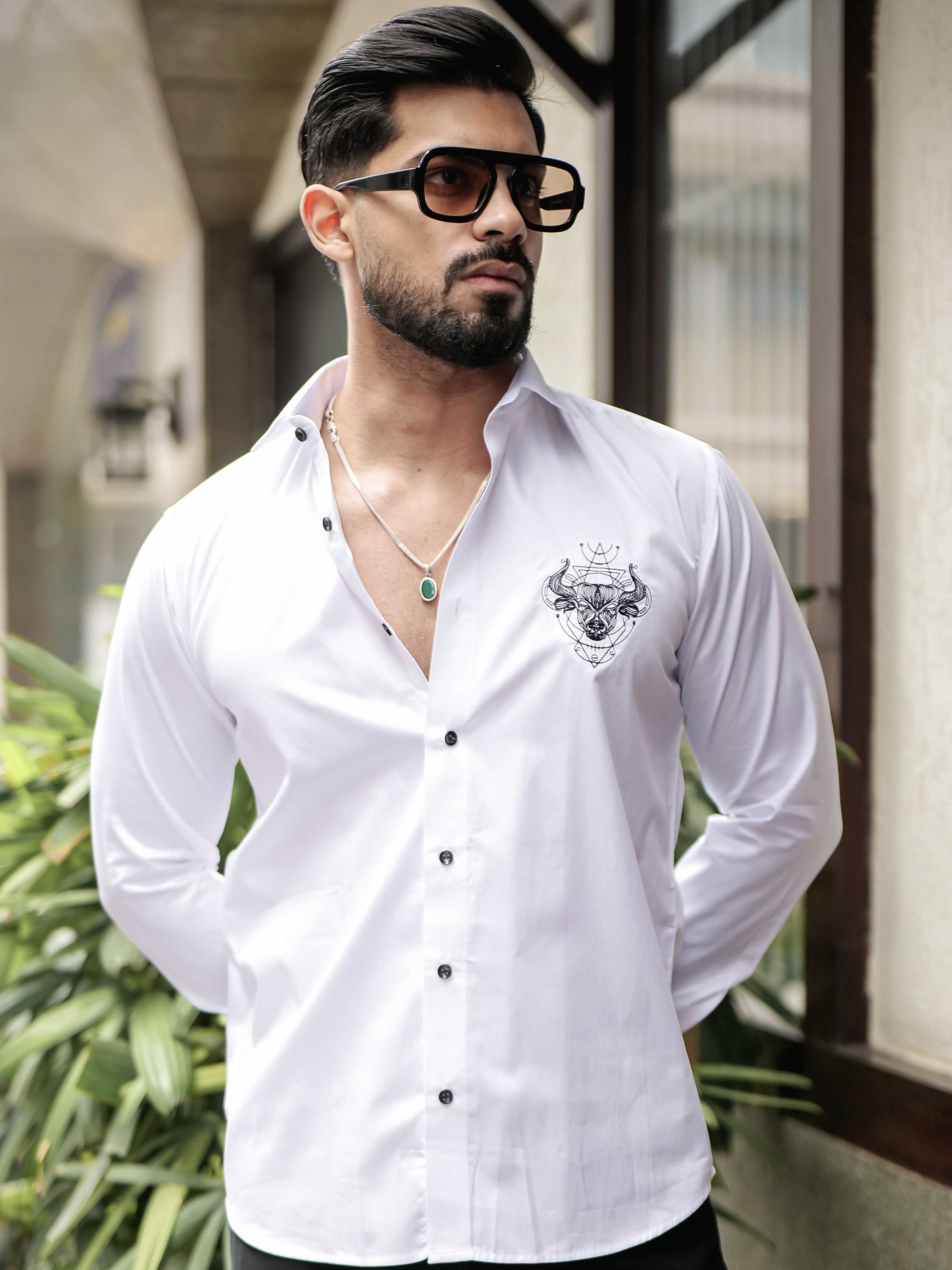 WHITE EMBROIDERED DESIGNER SATIN COTTON SHIRT FOR MEN'S - Image 3